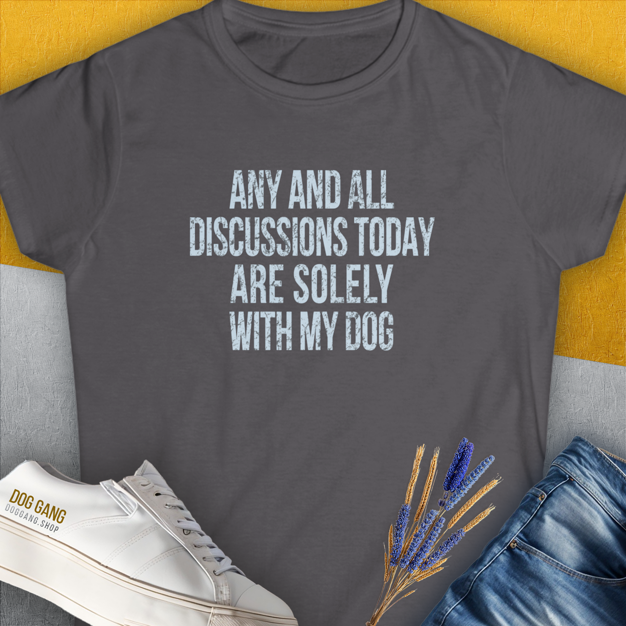 Any And All Discussions Today, Women's T-Shirt-Charcoal. A dog-themed Design from Dog Gang