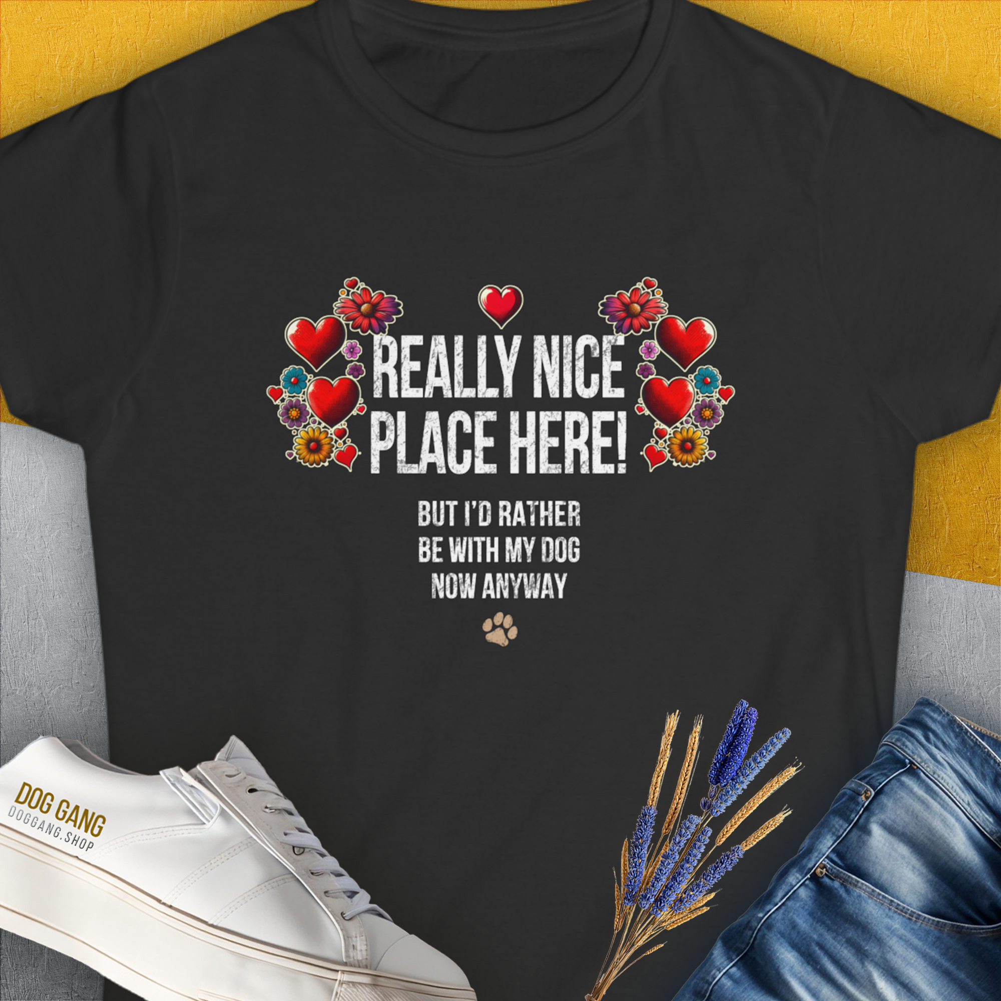 Really Nice Place Here, Women's T-Shirt-Black. A perfect gift for dog lovers and dog owners. Design by Dog Gang