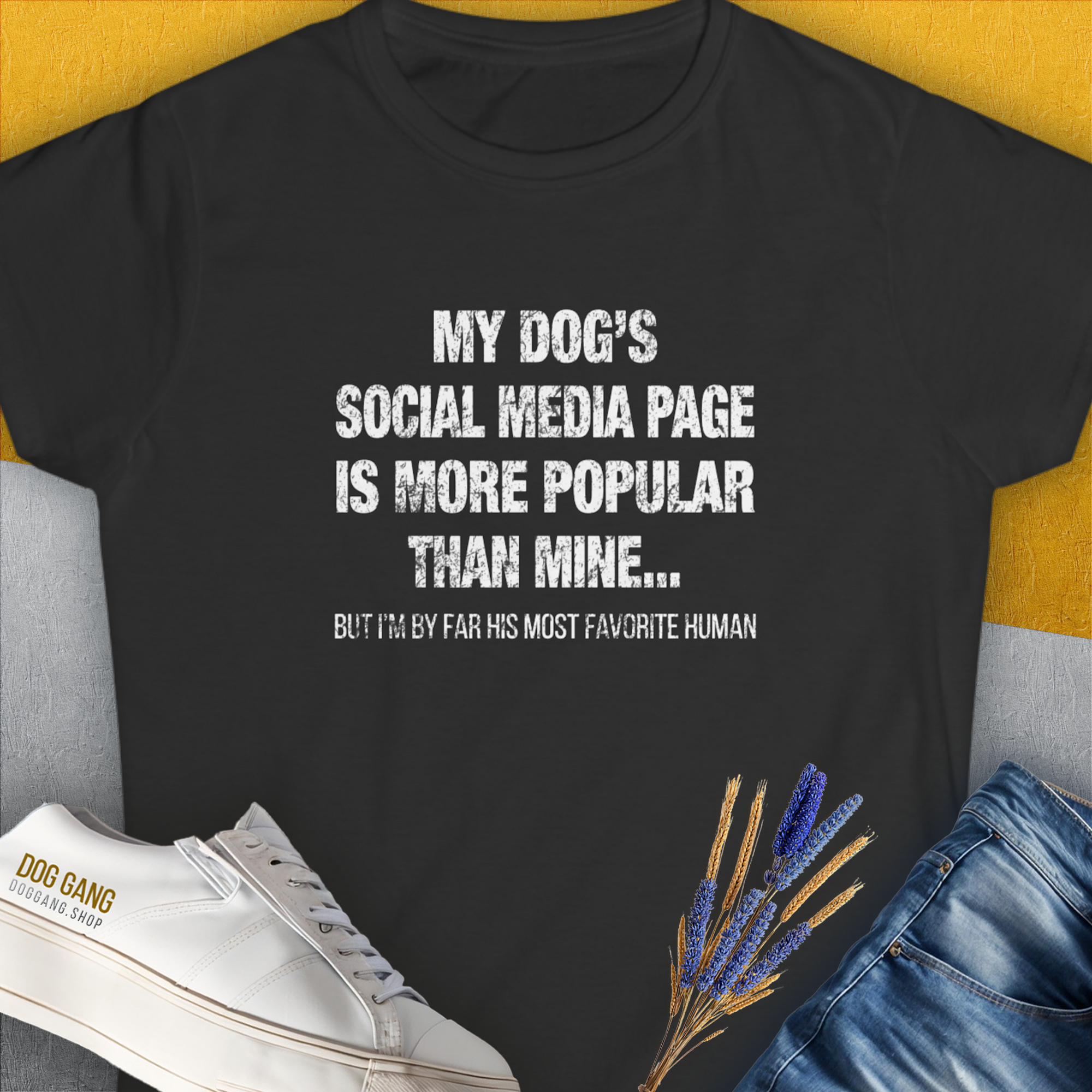 My Dogs Social Media Page Is More Popular Than Mine, Women's T-Shirt-Black. A perfect gift for dog lovers and dog owners. Design by Dog Gang