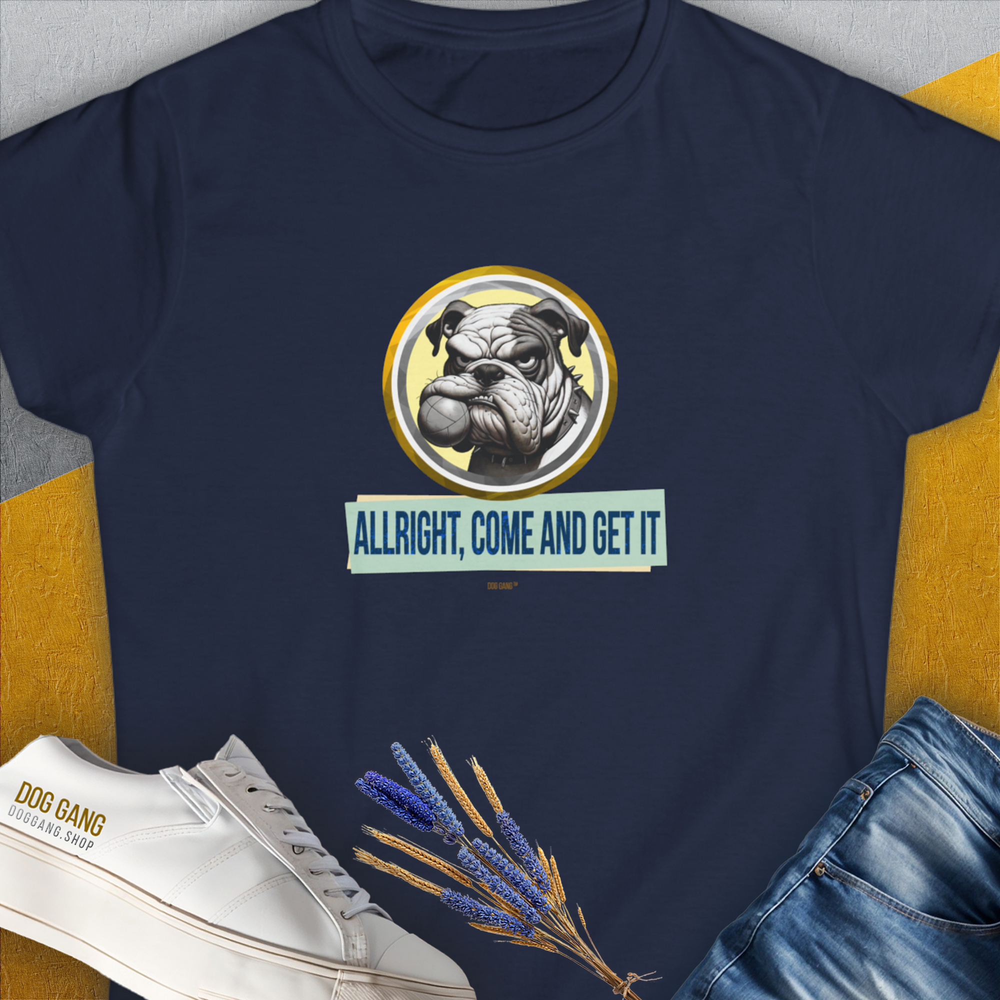 Allright Come And Get It, Volume 1, Women's T-Shirt-Navy. A dog-themed Design from Dog Gang