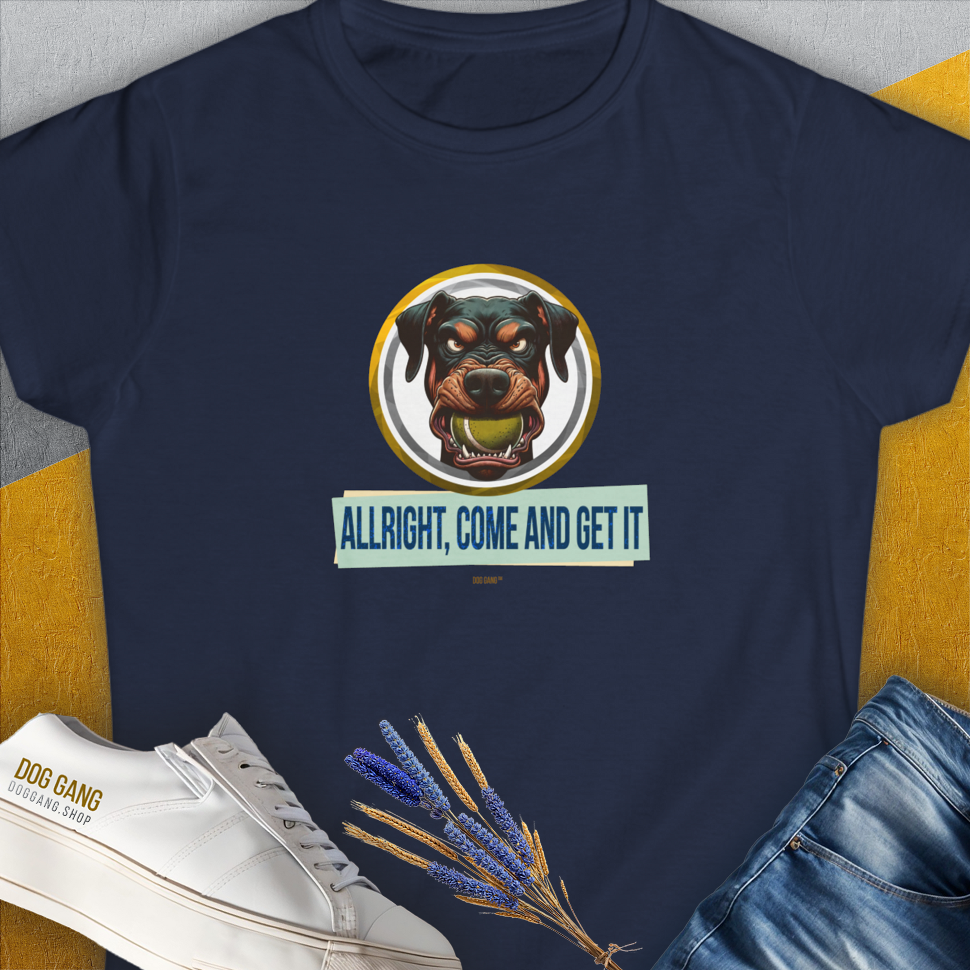 Allright Come And Get It, Volume 2, Women's T-Shirt-Navy. A dog-themed Design from Dog Gang