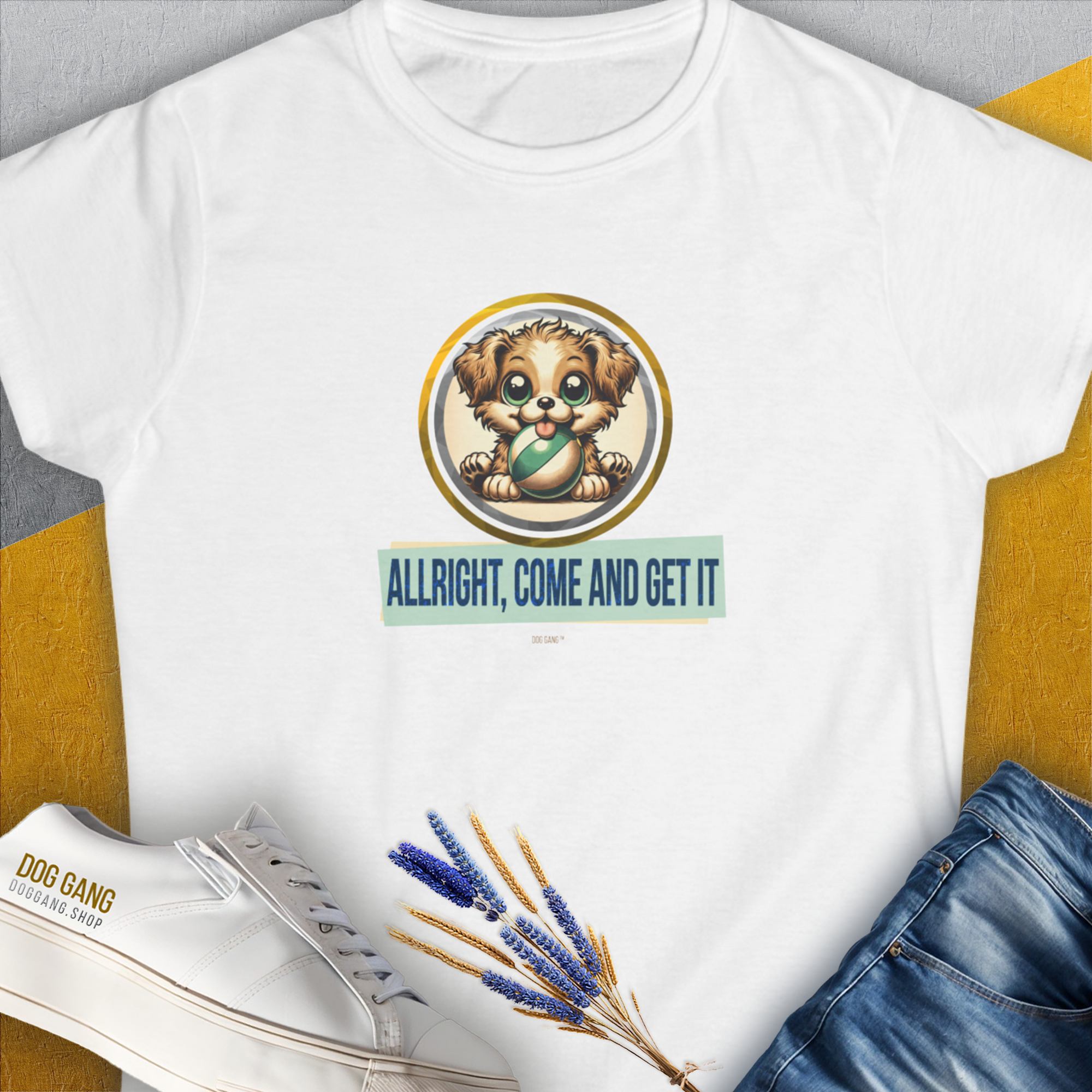 Allright Come And Get It, Volume 4, Women's T-Shirt-White. For dog lovers and dog owners. Design by Dog Gang