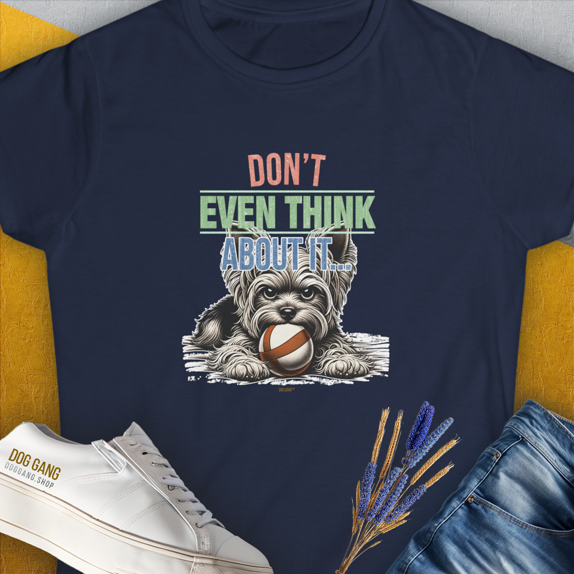 Don't Even Think About It..., Volume 3, Women's T-Shirt-Navy. A dog-themed Design from Dog Gang