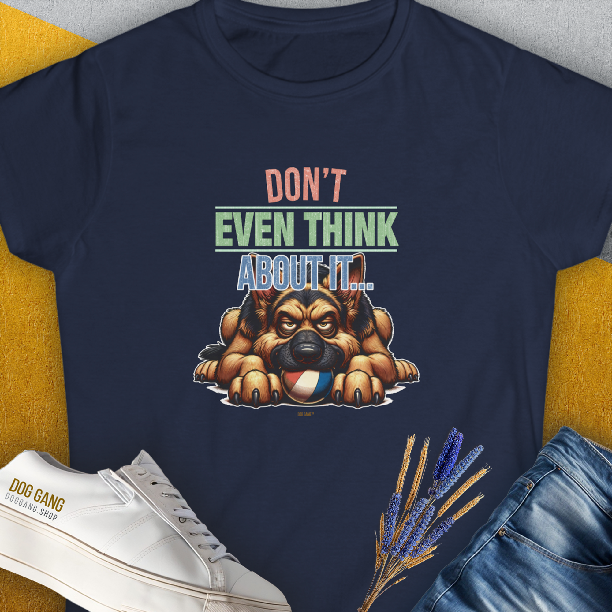 Don't Even Think About It..., Volume 4, Women's T-Shirt-Navy, a cool and stylish design with a funny saying from Dog Gang