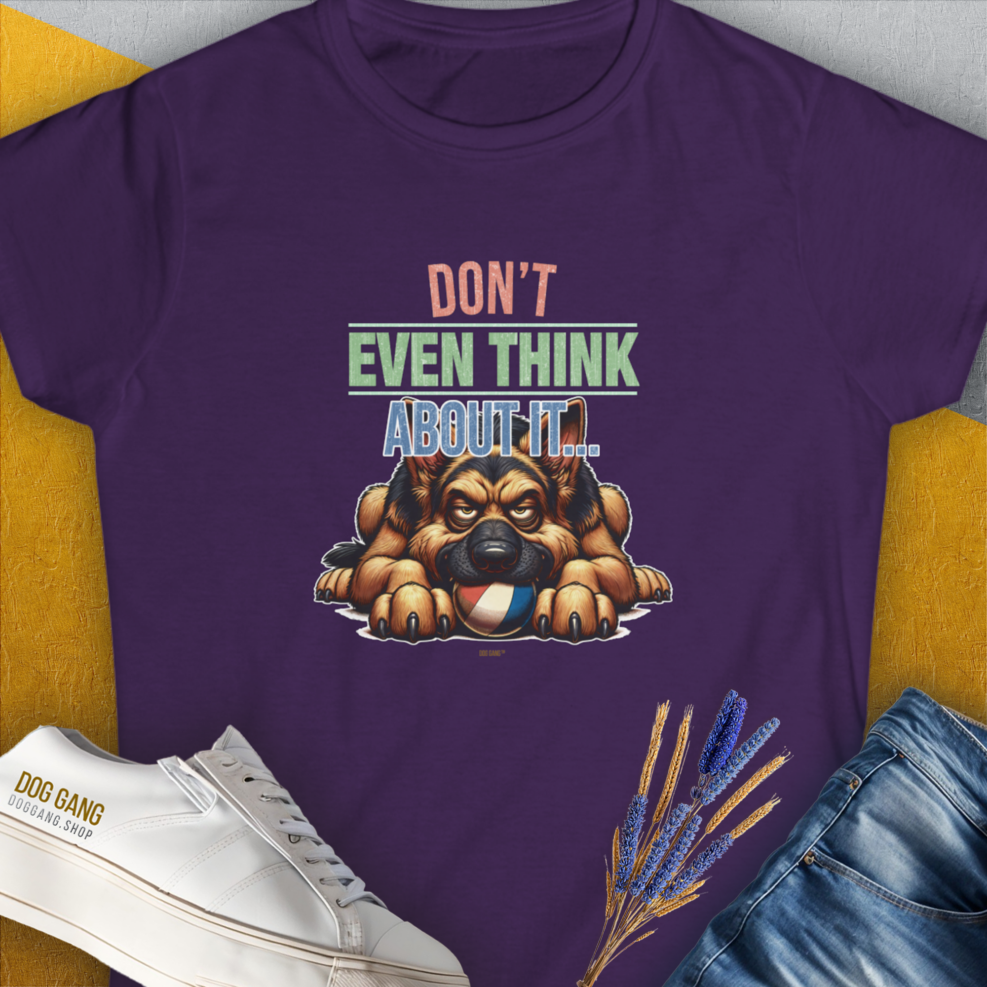 Don't Even Think About It..., Volume 4, Women's T-Shirt-Purple. A perfect gift for dog lovers and dog owners. Design by Dog Gang