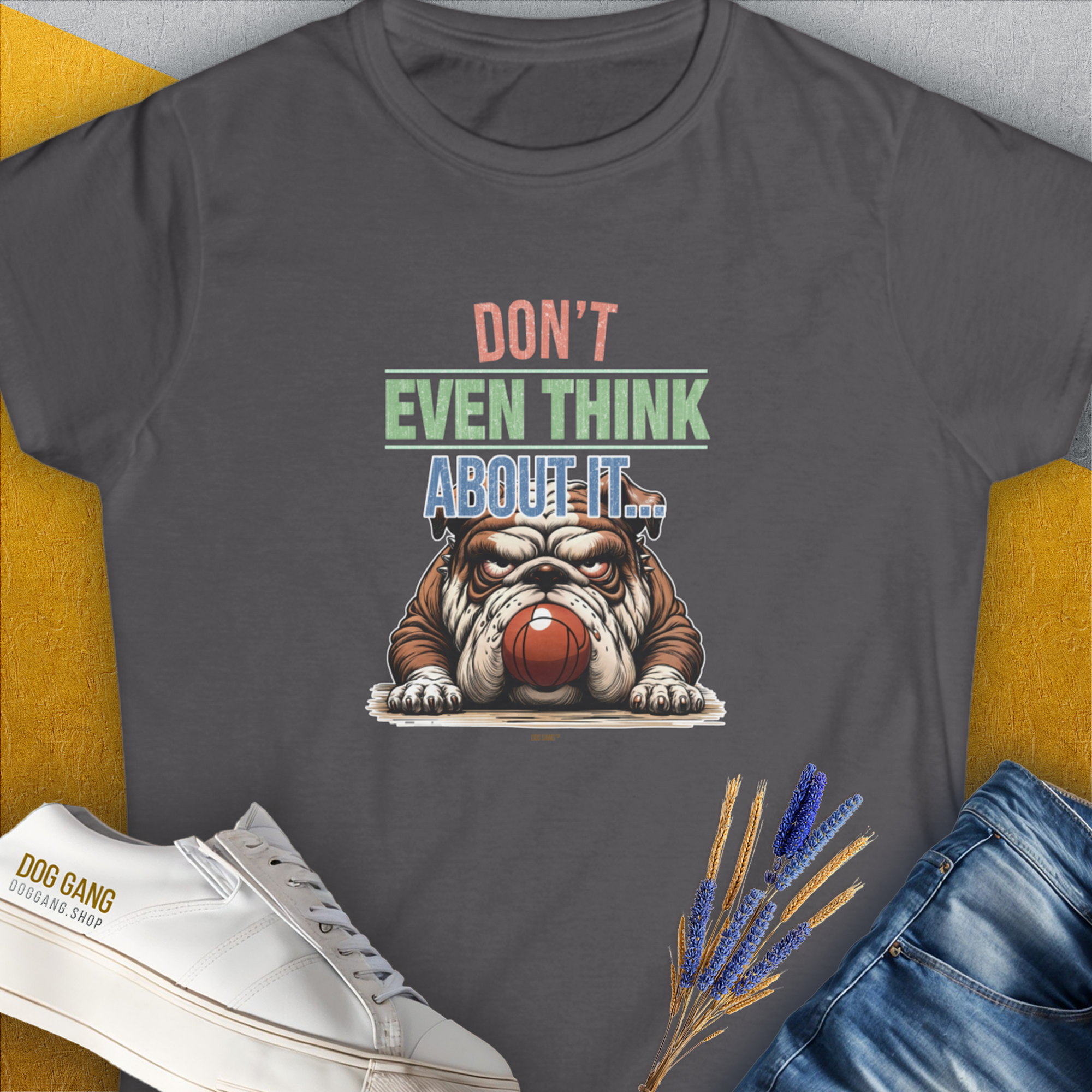Don't Even Think About It..., Volume 5, Women's T-Shirt-Charcoal. A dog-themed Design from Dog Gang