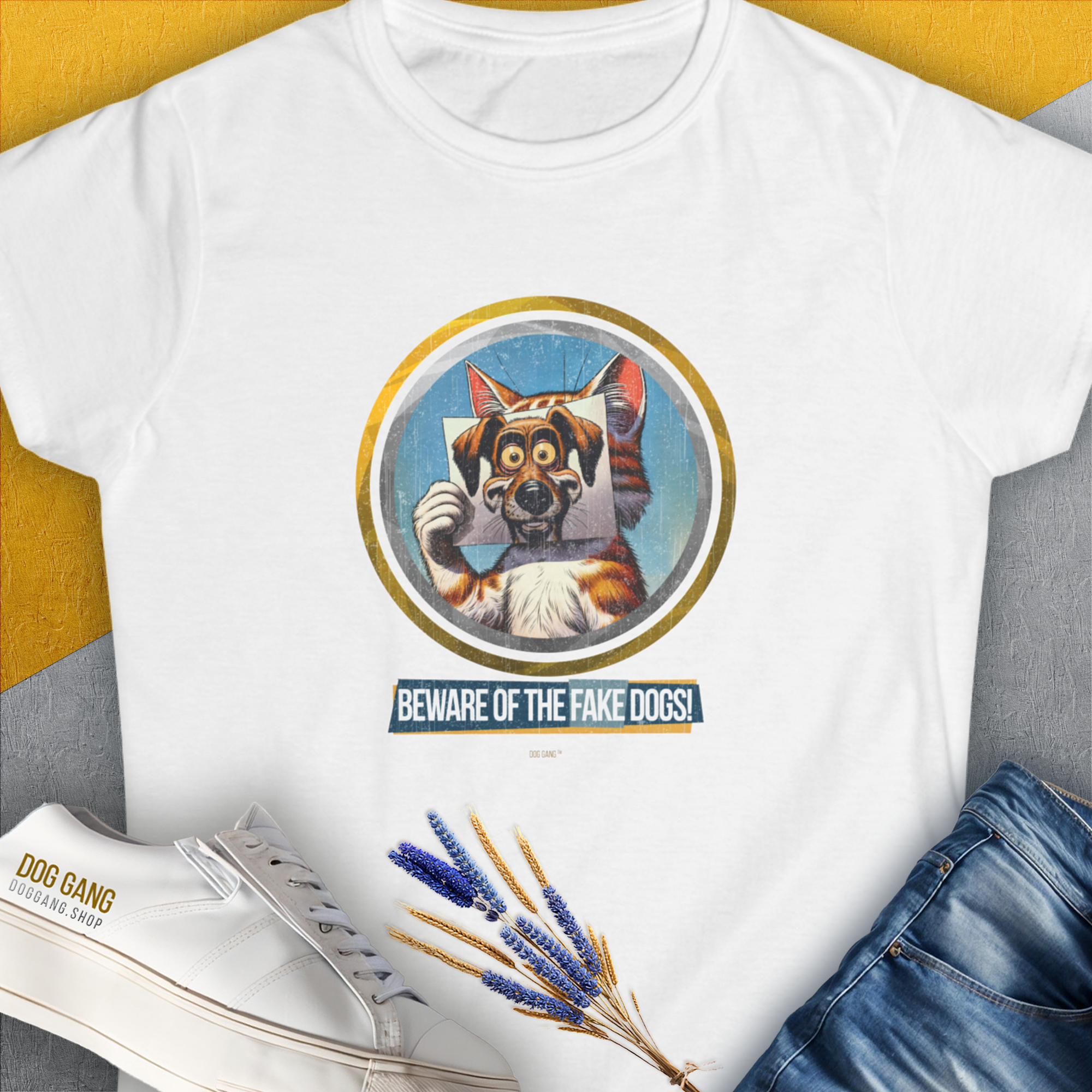 Beware Of The Fake Dogs! Volume 1, Women's T-Shirt-White. For dog lovers and dog owners. Design by Dog Gang