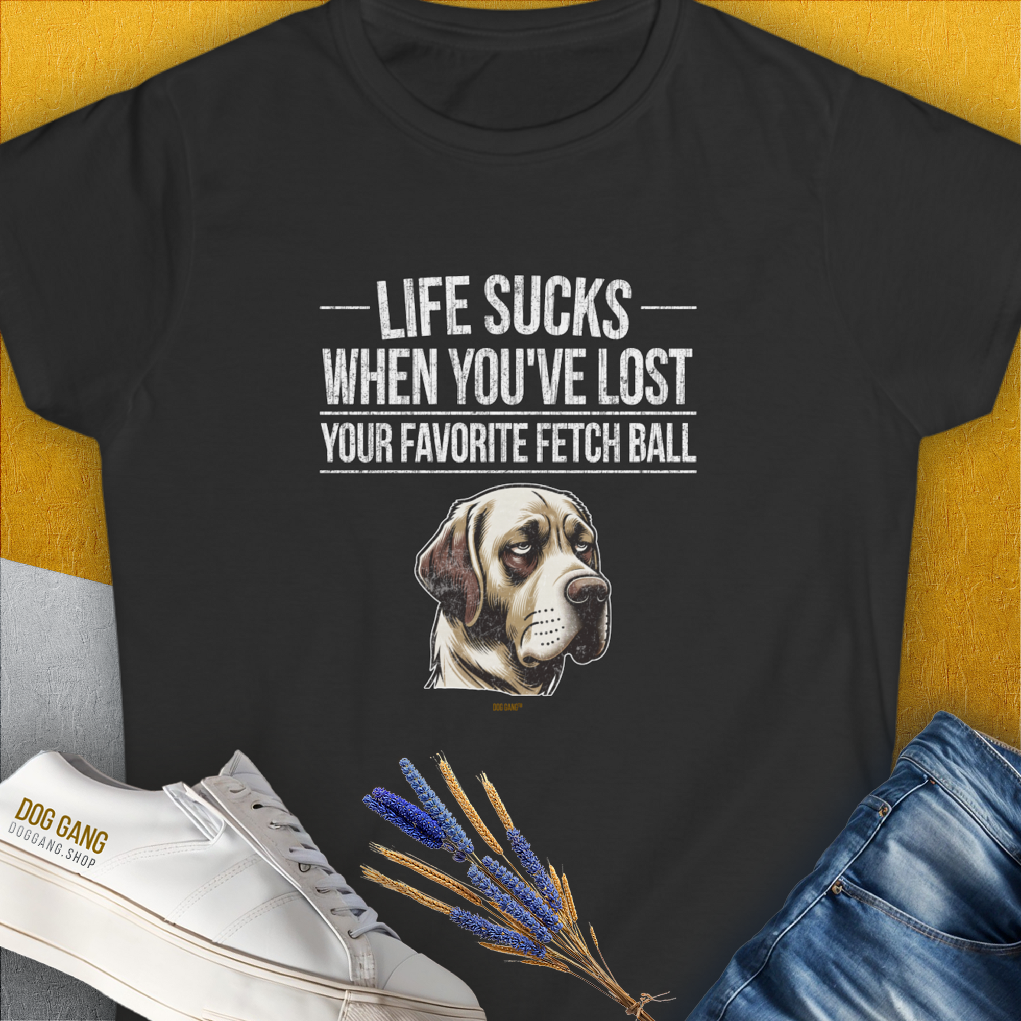 Life Sucks When You've Lost Your Favorite Fetch Ball, Volume 1, Women's T-Shirt-Black. A perfect gift for dog lovers and dog owners. Design by Dog Gang