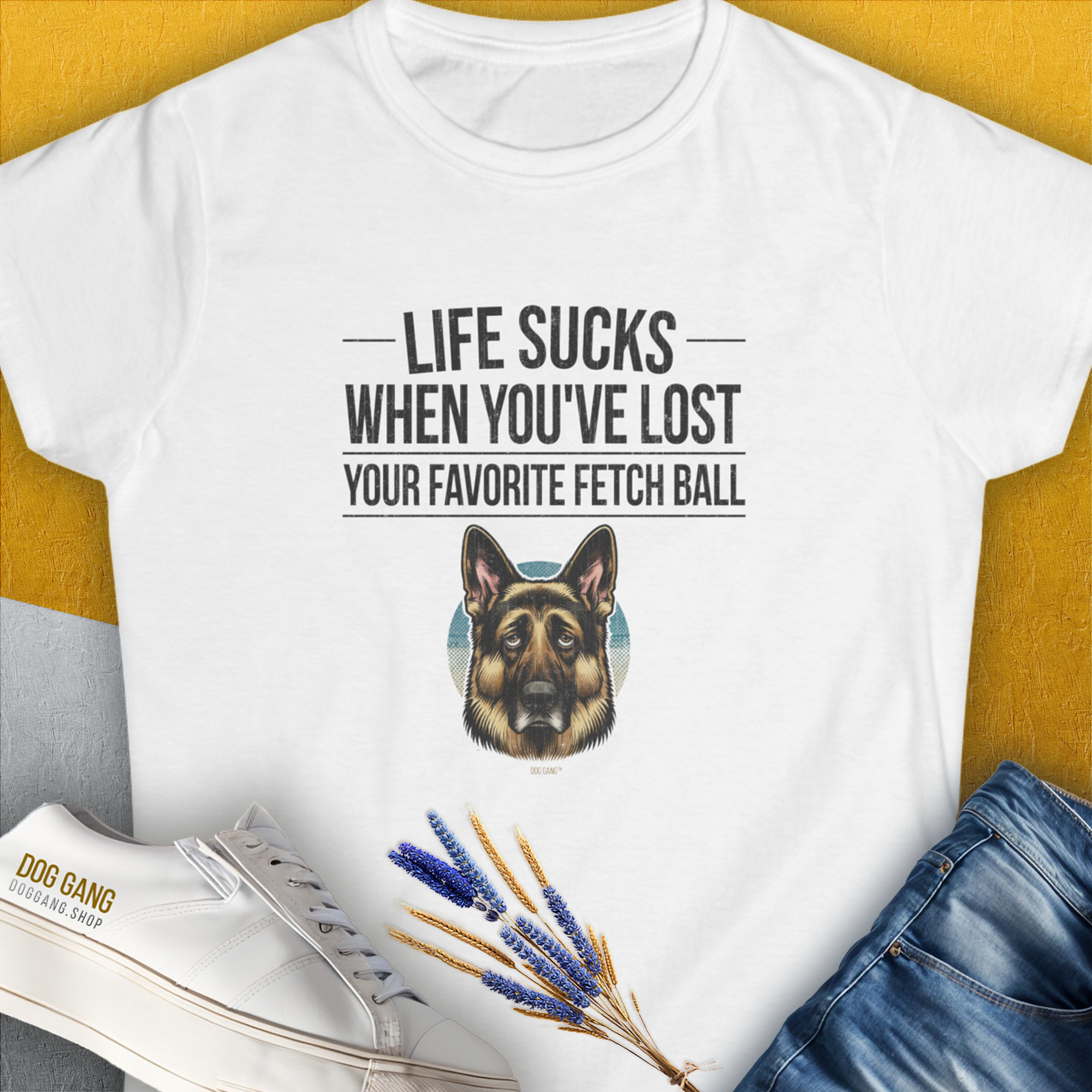 Life Sucks When You've Lost Your Favorite Fetch Ball, Volume 4, Women's T-Shirt-White. For dog lovers and dog owners. Design by Dog Gang