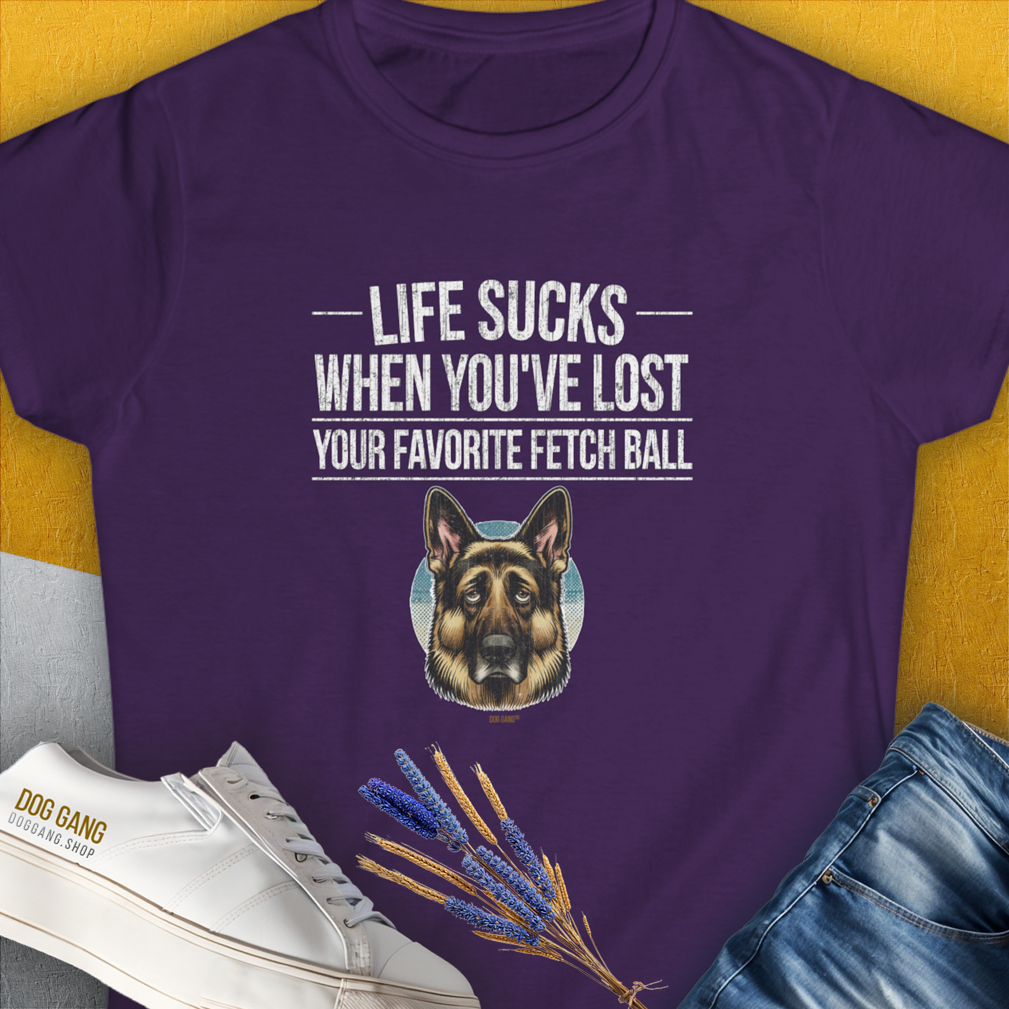 Life Sucks When You've Lost Your Favorite Fetch Ball, Volume 4, Women's T-Shirt-Purple. A perfect gift for dog lovers and dog owners. Design by Dog Gang