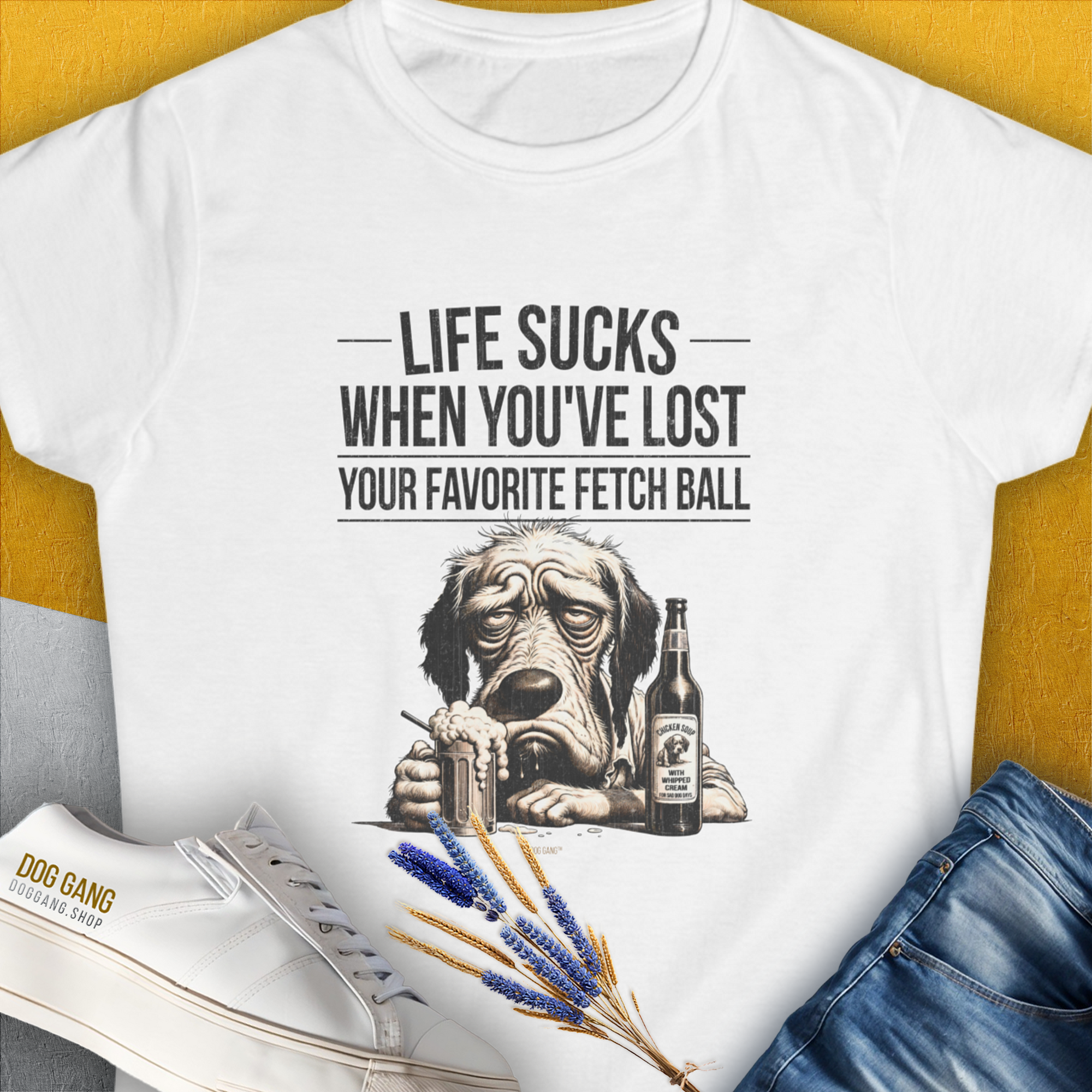 Life Sucks When You've Lost Your Favorite Fetch Ball, Volume 5, Women's T-Shirt-White. For dog lovers and dog owners. Design by Dog Gang