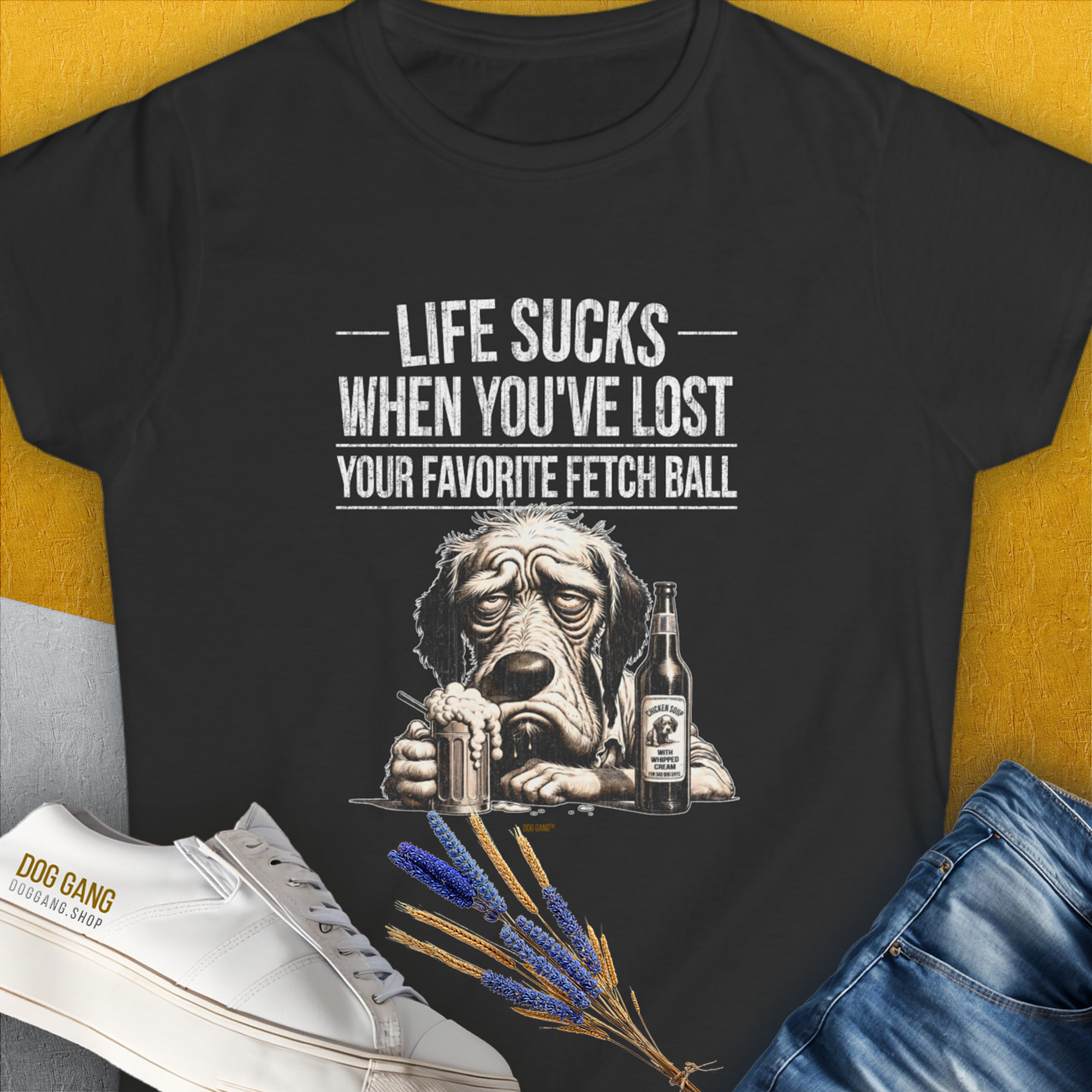 Life Sucks When You've Lost Your Favorite Fetch Ball, Volume 5, Women's T-Shirt-Black. A perfect gift for dog lovers and dog owners. Design by Dog Gang
