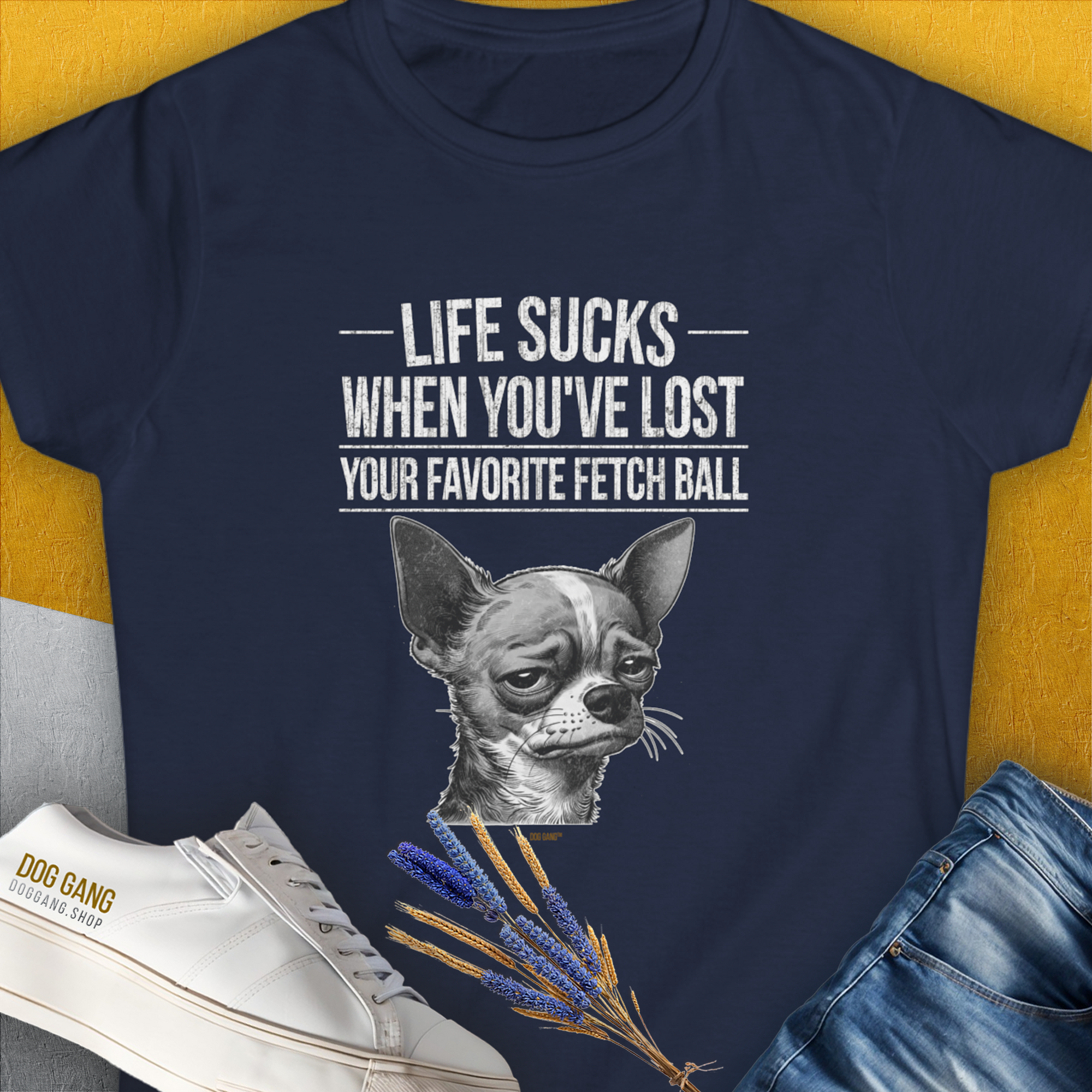 Life Sucks When You've Lost Your Favorite Fetch Ball, Volume 6, Women's T-Shirt-Navy, a cool and stylish design with a funny saying from Dog Gang