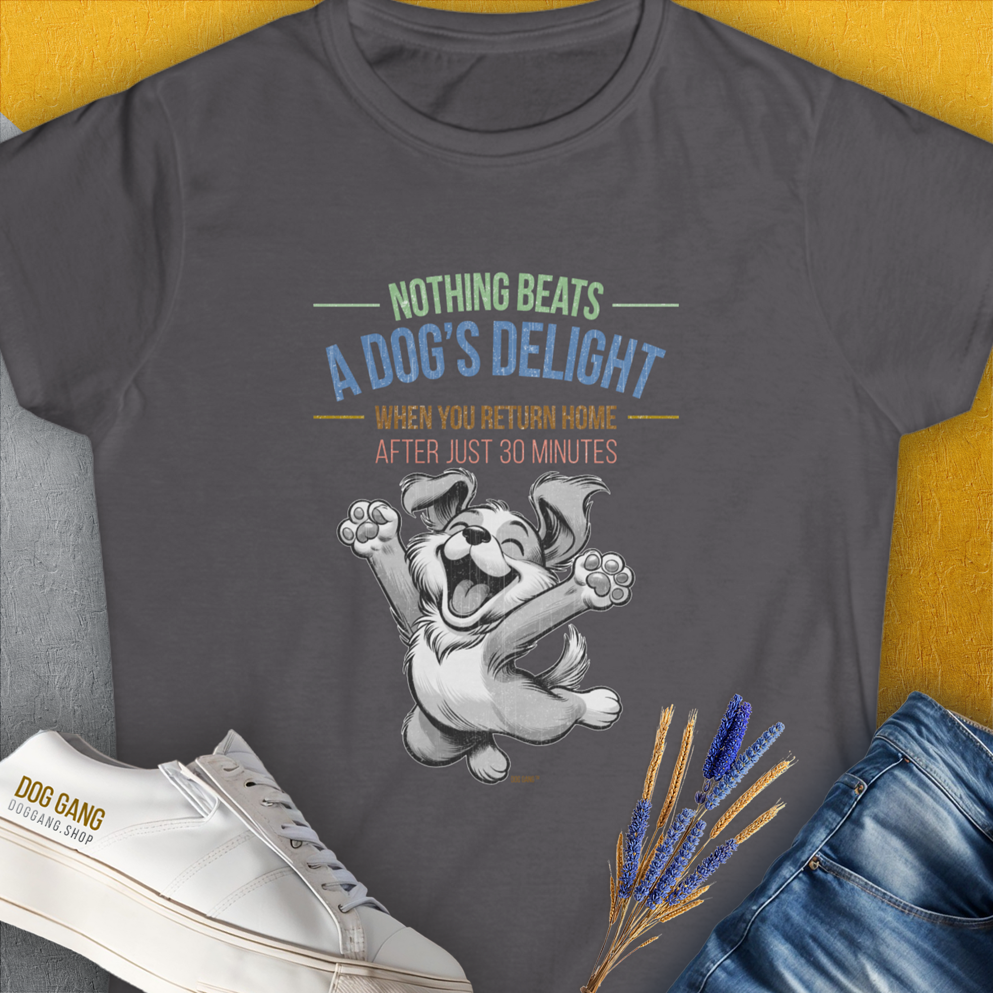 Nothing Beats A Dog's Delight When You Return Home, Volume 1, Women's T-Shirt-Charcoal. A dog-themed Design from Dog Gang