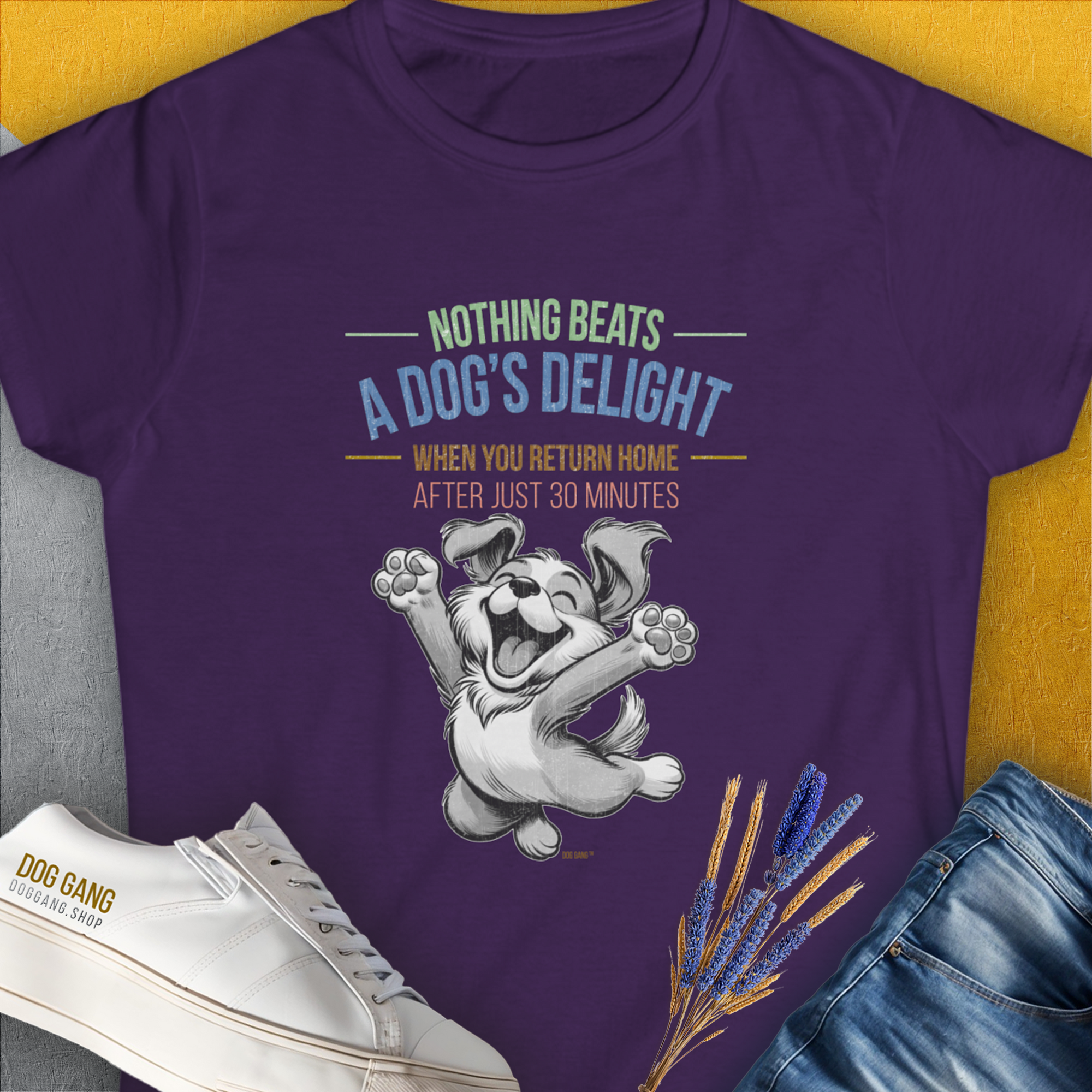 Nothing Beats A Dog's Delight When You Return Home, Volume 1, Women's T-Shirt-Purple, a cool and stylish design with a funny saying from Dog Gang