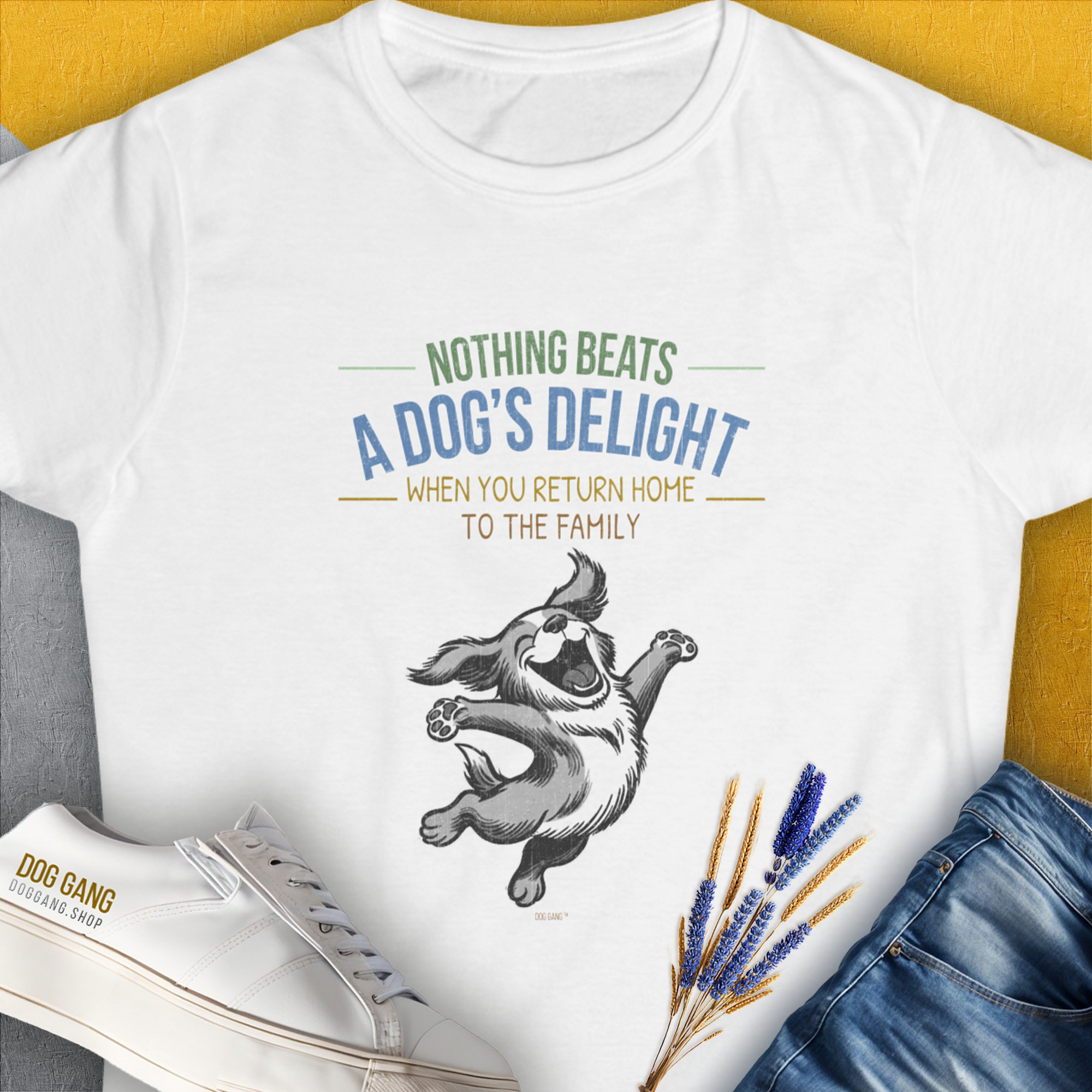 Nothing Beats A Dog's Delight When You Return Home, Volume 3, Women's T-Shirt-White. For dog lovers and dog owners. Design by Dog Gang