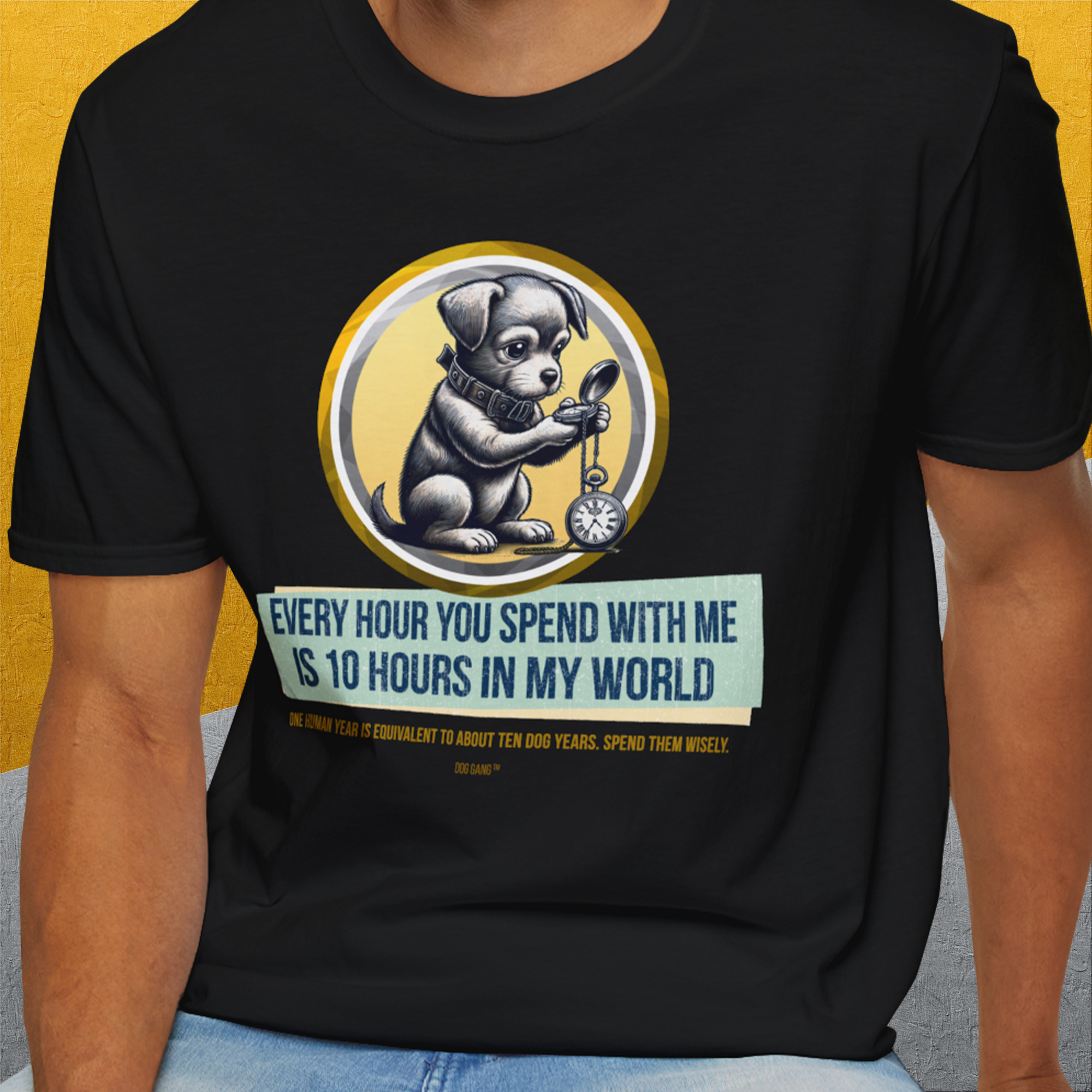 One Human Year = Ten Dog Years, Volume 1, Unisex T-Shirt-. For dog lovers and dog owners. Design by Dog Gang