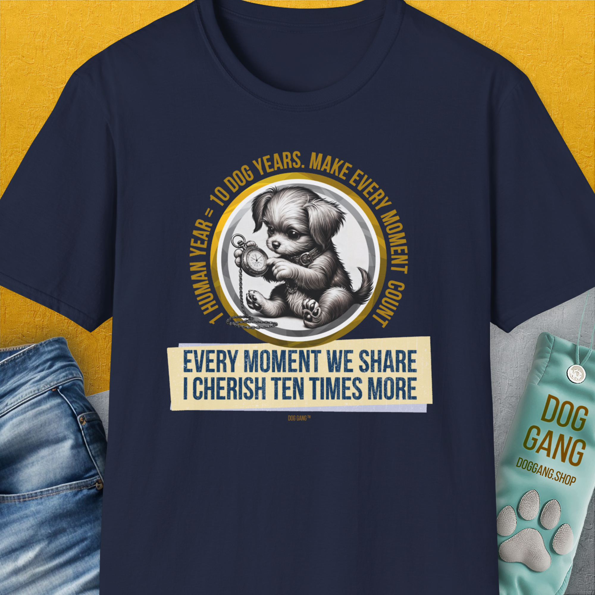 One Human Year = Ten Dog Years, Volume 4, Unisex T-Shirt-Navy-Design made by Dog Gang