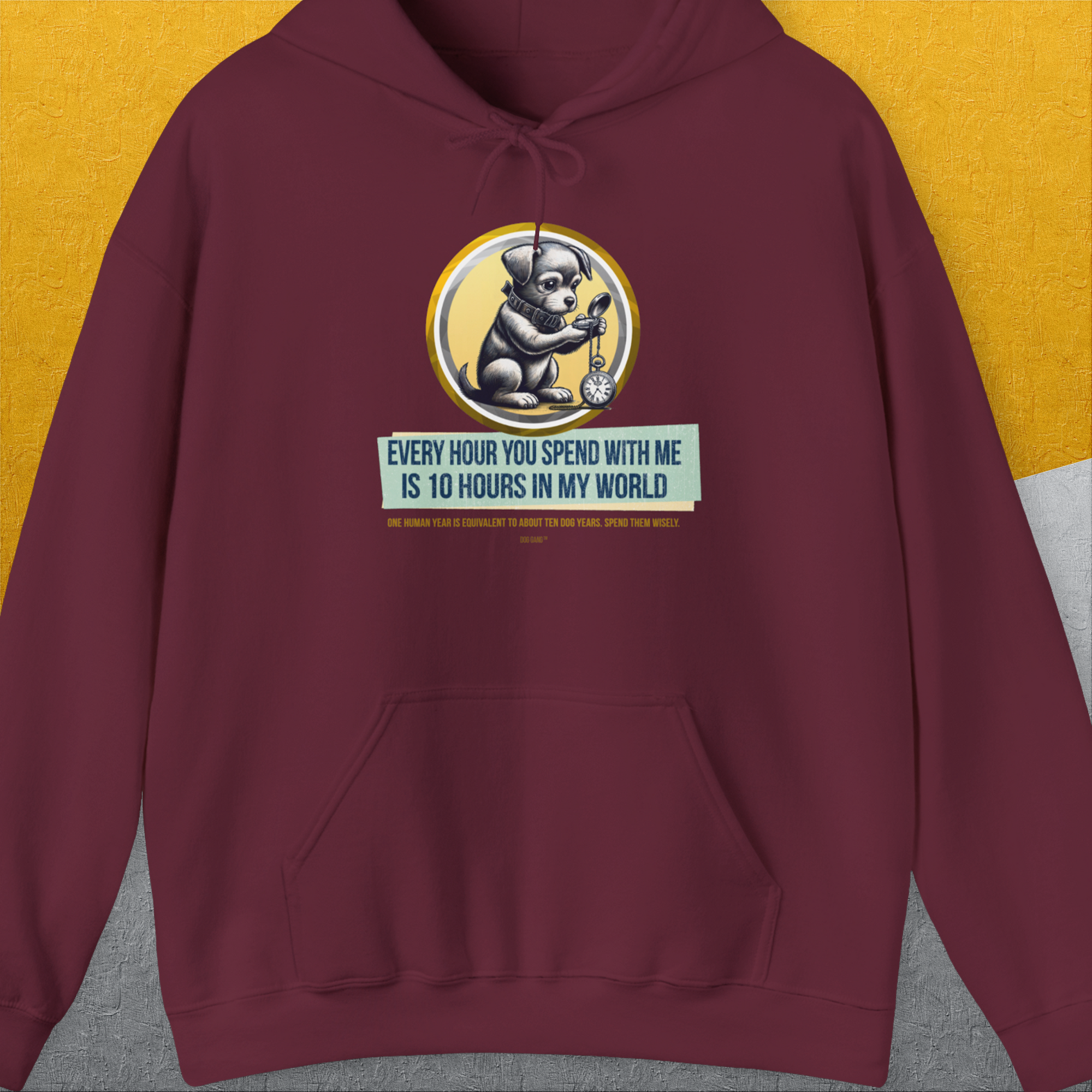 One Human Year = Ten Dog Years, Volume 1, Unisex Hoodie-Maroon- dog lover Shirtdesign made by Dog Gang
