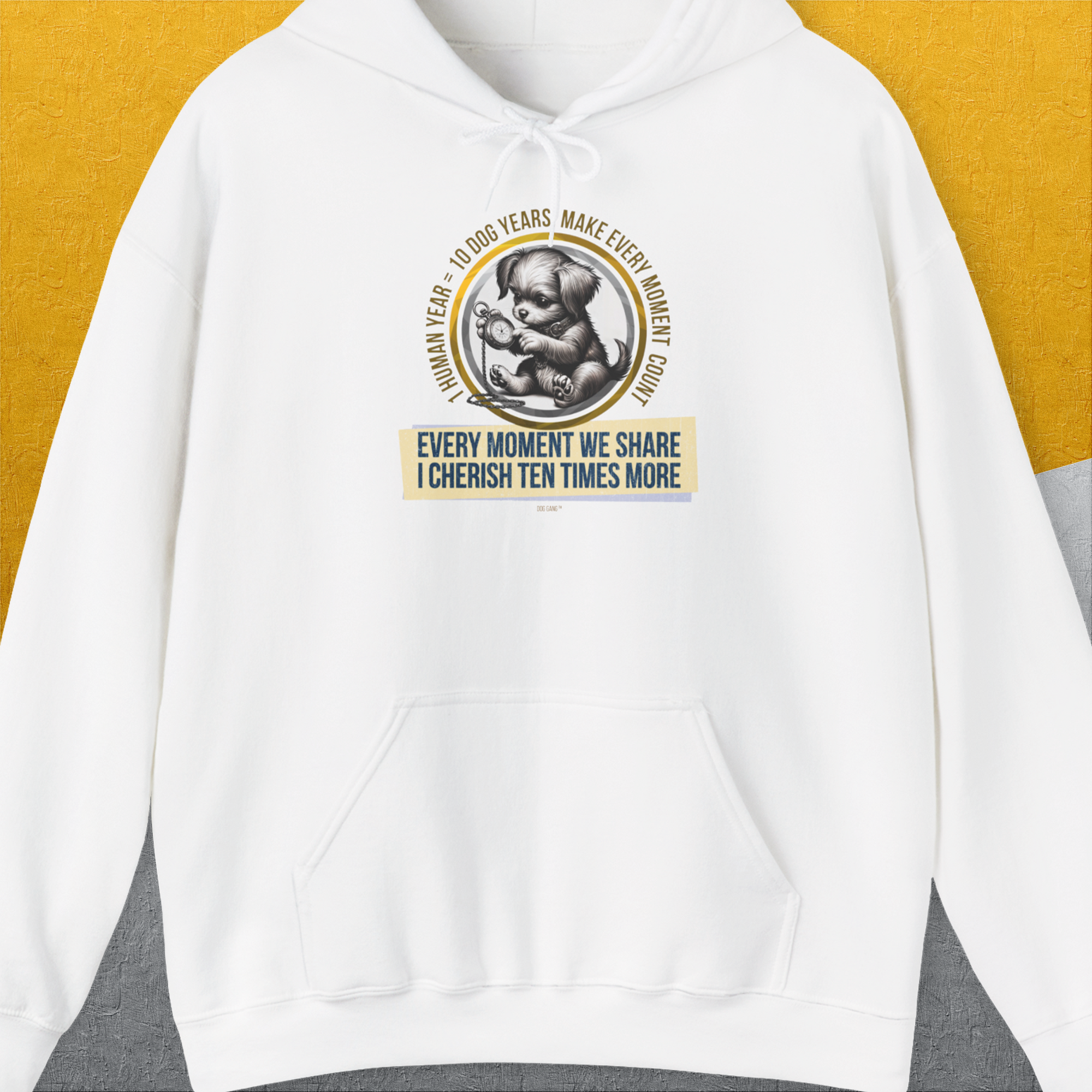 One Human Year = Ten Dog Years, Volume 4, Unisex Hoodie-White. A dog-themed Design from Dog Gang
