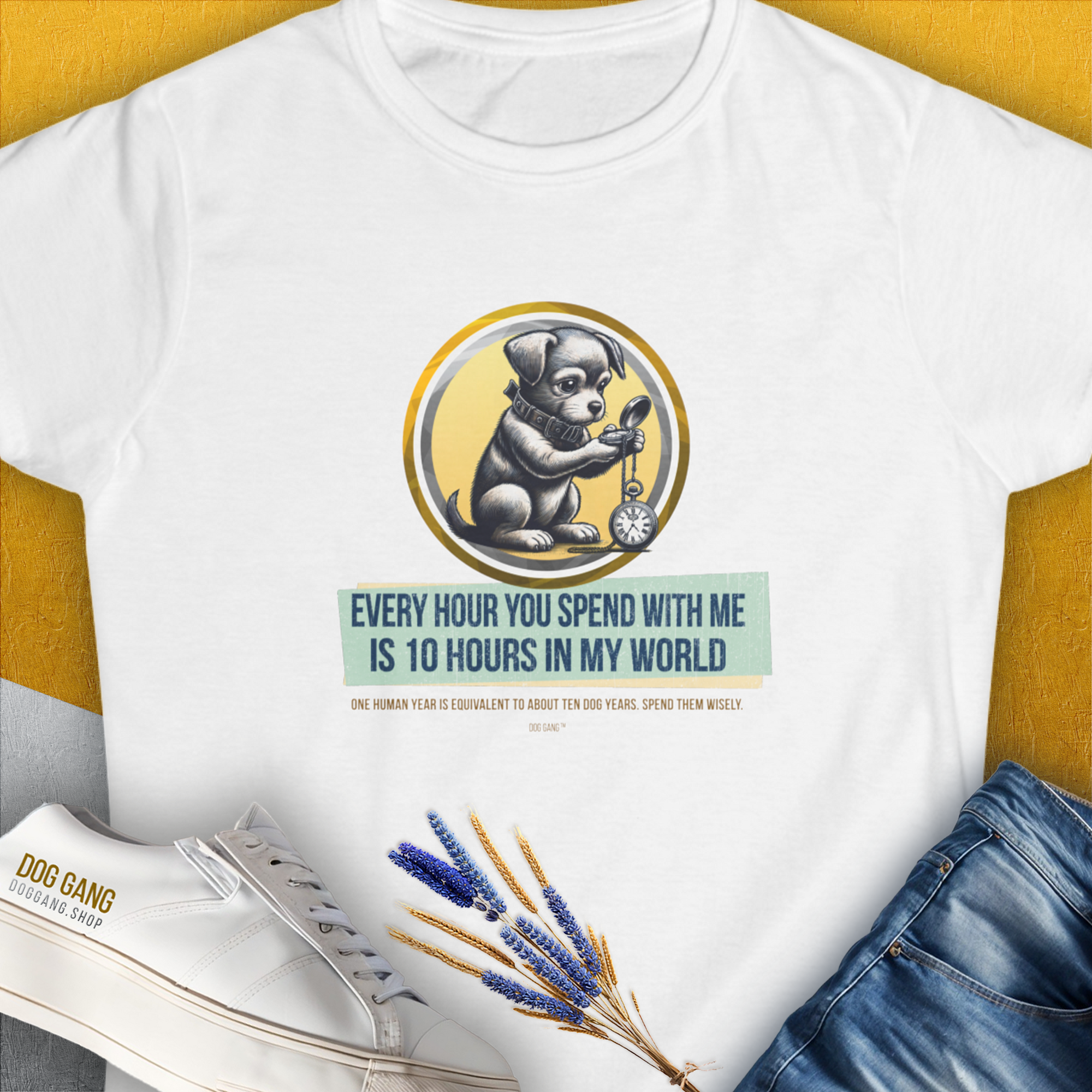 One Human Year = Ten Dog Years, Volume 1, Women's T-Shirt-White. For dog lovers and dog owners. Design by Dog Gang