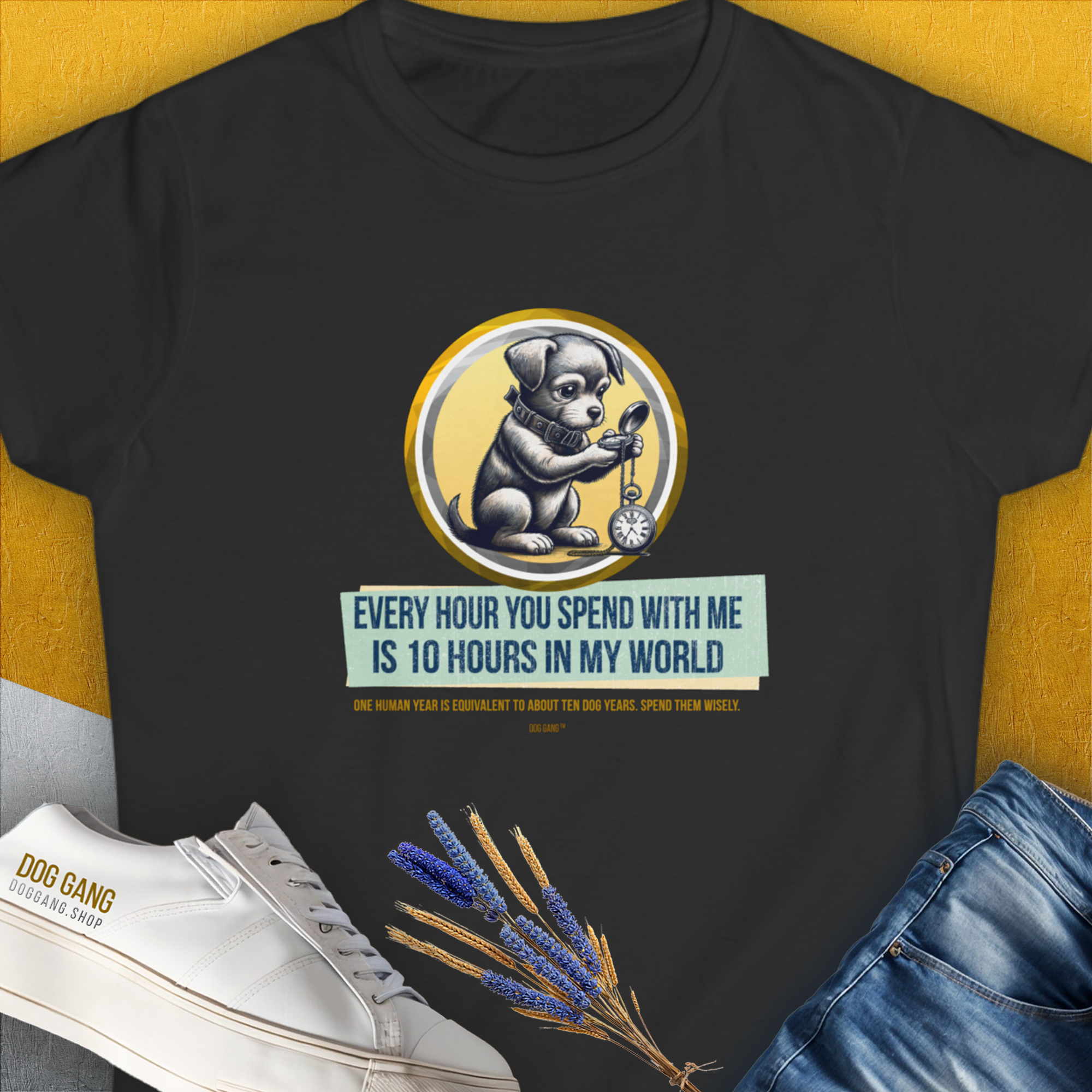 One Human Year = Ten Dog Years, Volume 1, Women's T-Shirt-Black. A perfect gift for dog lovers and dog owners. Design by Dog Gang