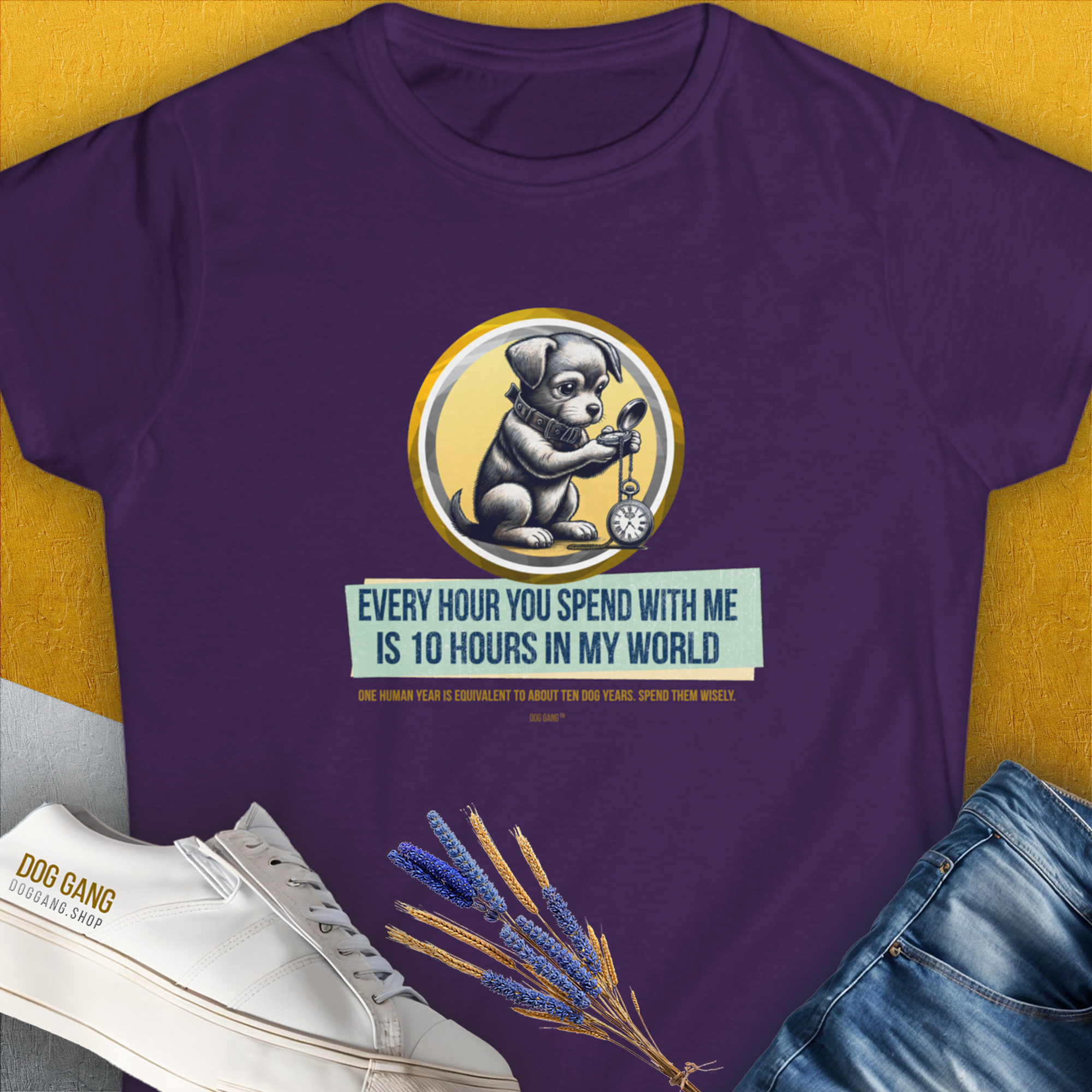 One Human Year = Ten Dog Years, Volume 1, Women's T-Shirt-Purple-a funny shirt for dog lovers and dog owners, designed by Dog Gang of Switzerland, printed locally in your region