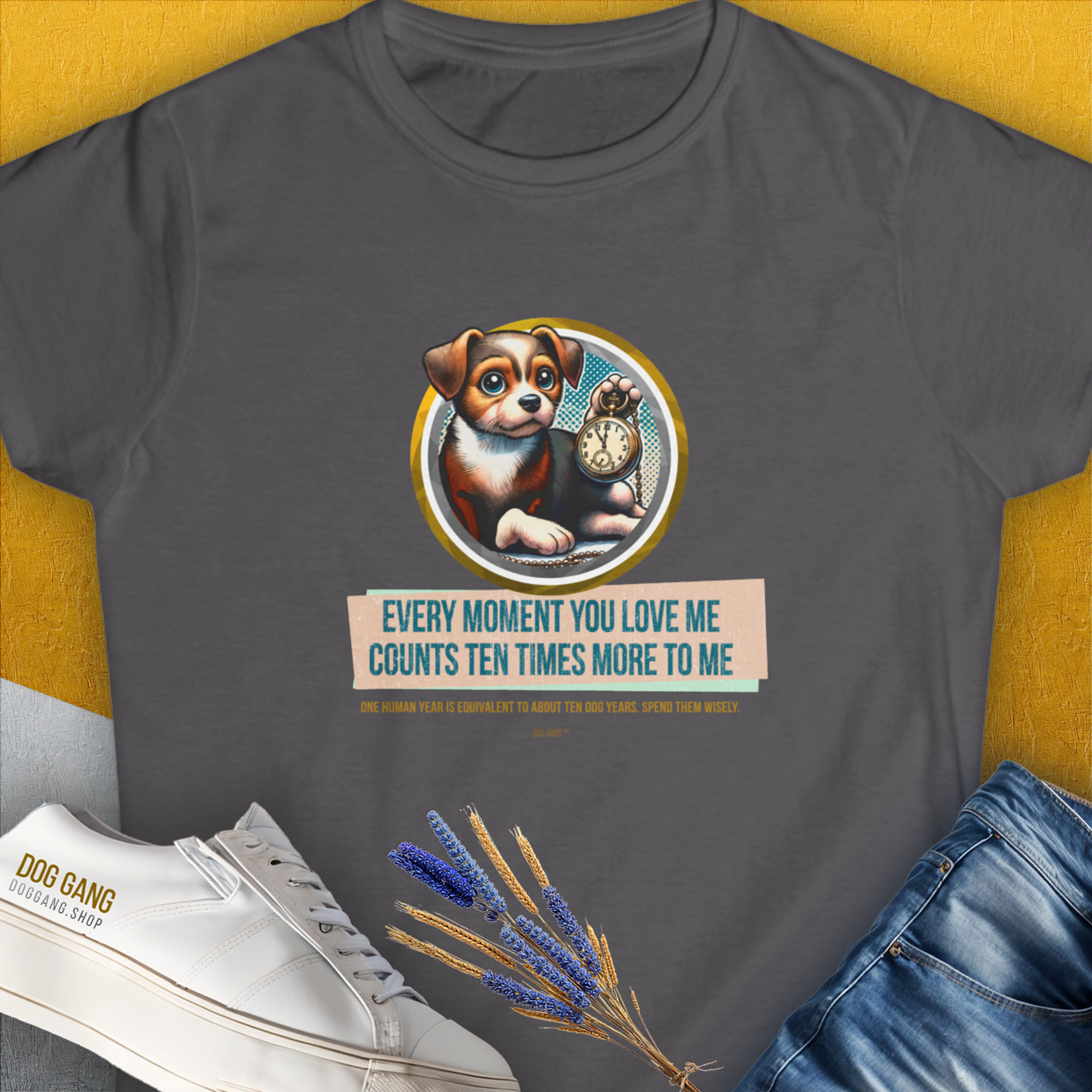 One Human Year = Ten Dog Years, Volume 3, Women's T-Shirt-Charcoal. A dog-themed Design from Dog Gang