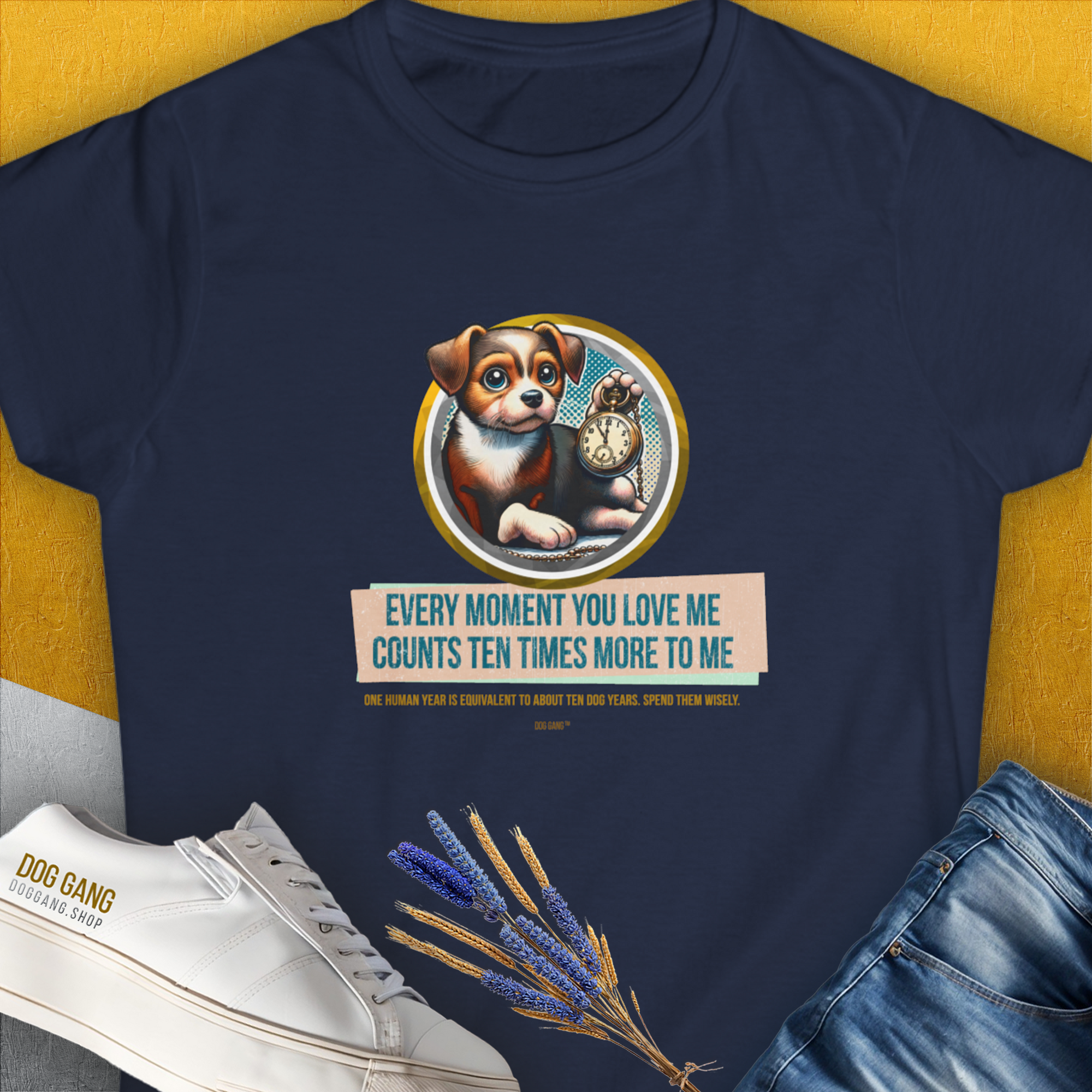 One Human Year = Ten Dog Years, Volume 3, Women's T-Shirt-Navy-a funny shirt for dog lovers and dog owners, designed by Dog Gang of Switzerland, printed locally in your region