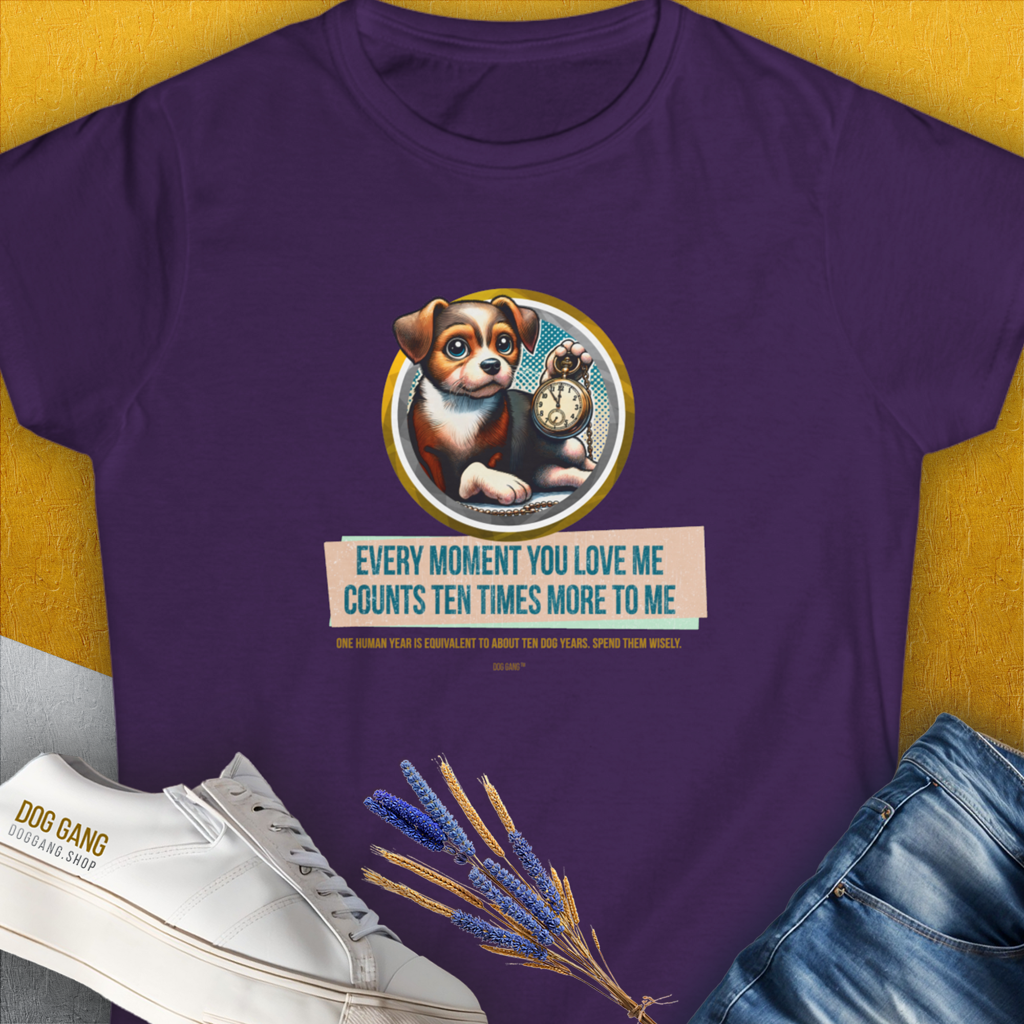 One Human Year = Ten Dog Years, Volume 3, Women's T-Shirt-Purple. A perfect gift for dog lovers and dog owners. Design by Dog Gang