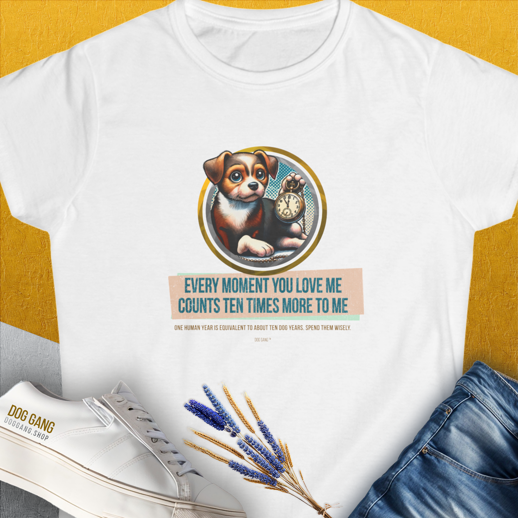 One Human Year = Ten Dog Years, Volume 3, Women's T-Shirt-White. For dog lovers and dog owners. Design by Dog Gang