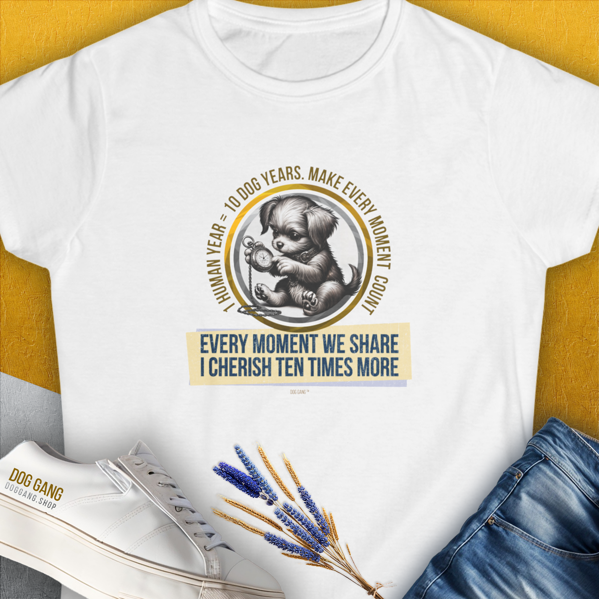 One Human Year = Ten Dog Years, Volume 4, Women's T-Shirt-White. For dog lovers and dog owners. Design by Dog Gang