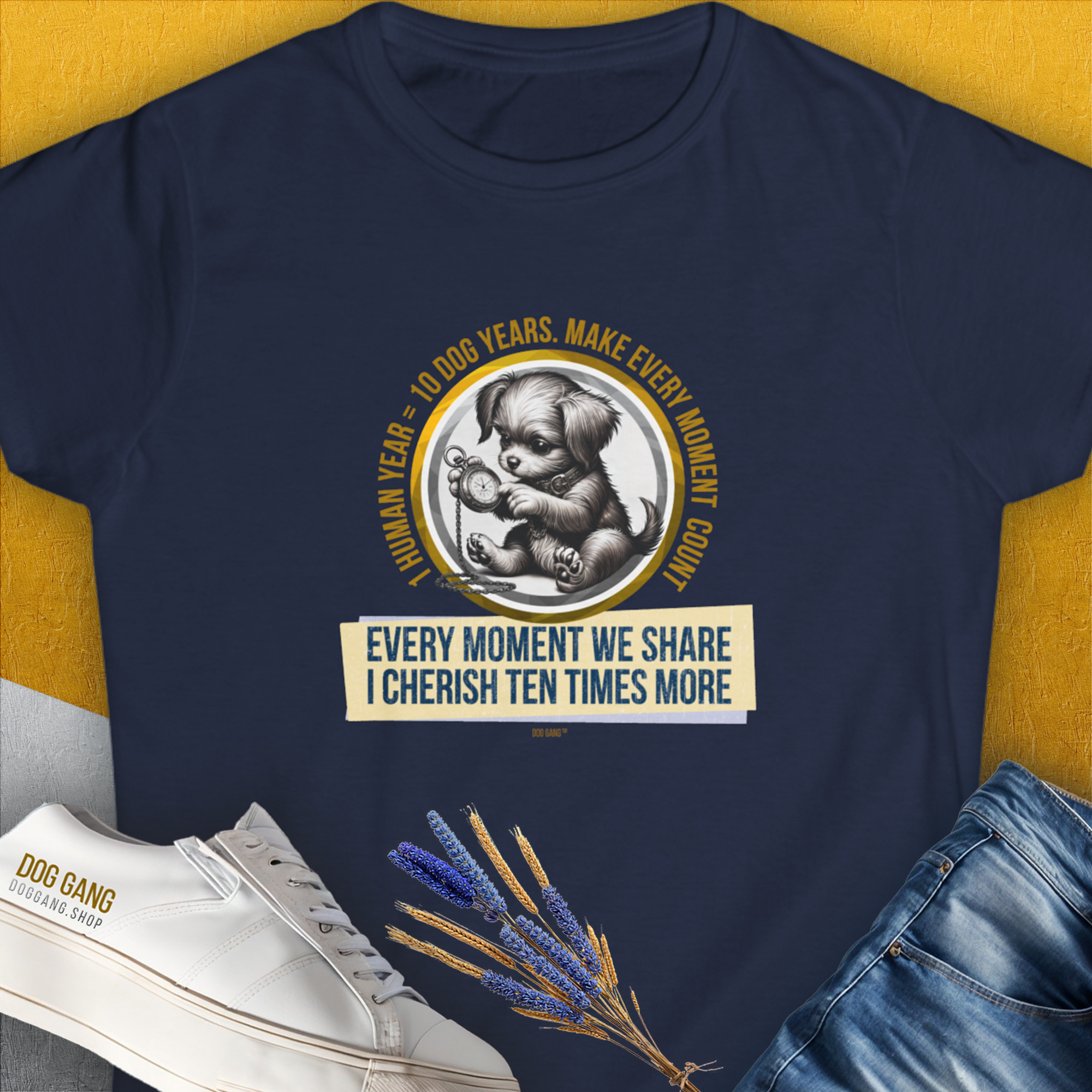 One Human Year = Ten Dog Years, Volume 4, Women's T-Shirt-Navy-a funny shirt for dog lovers and dog owners, designed by Dog Gang of Switzerland, printed locally in your region