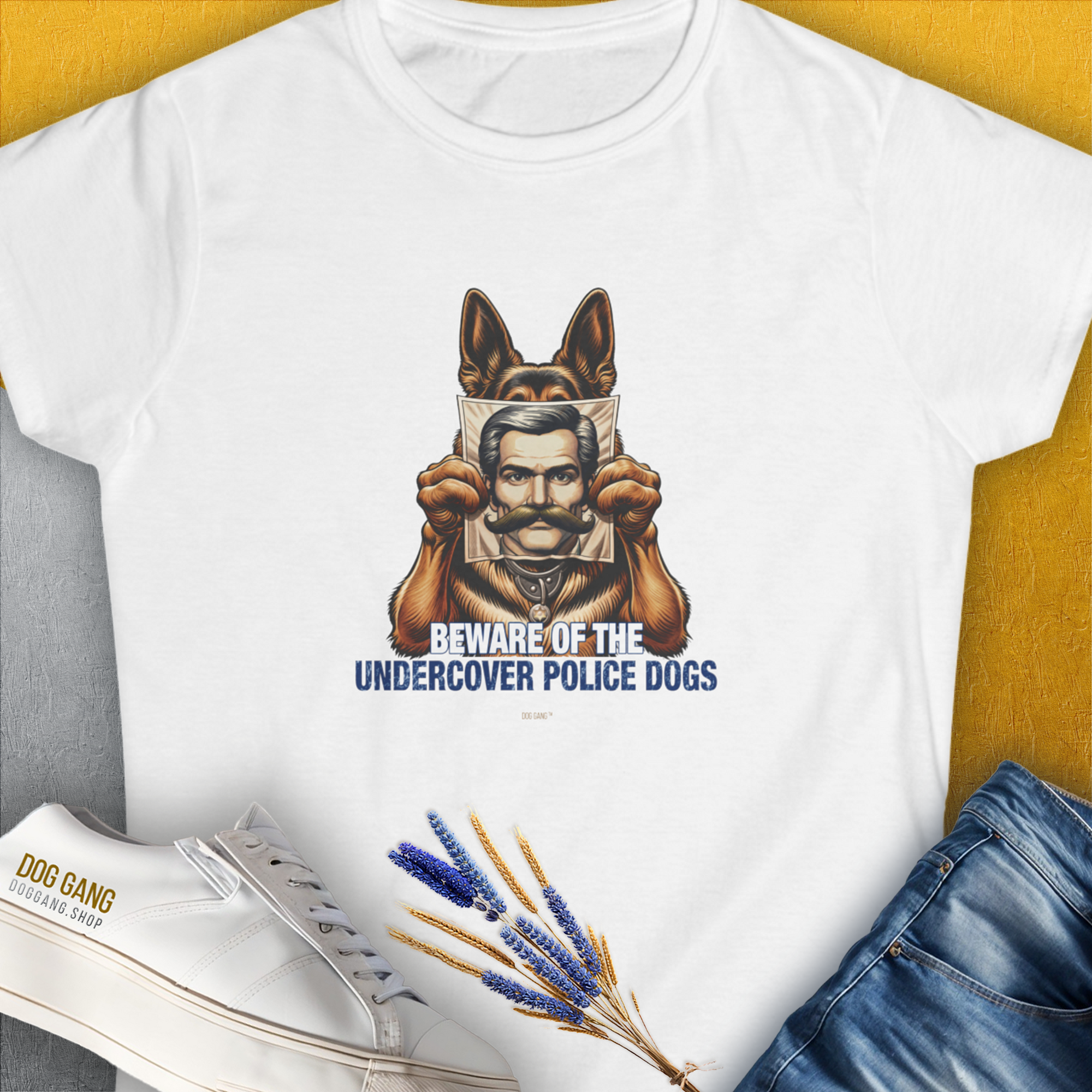 Beware Of The Undercover Police Dogs, Volume 1, Women's T-Shirt-White. For dog lovers and dog owners. Design by Dog Gang