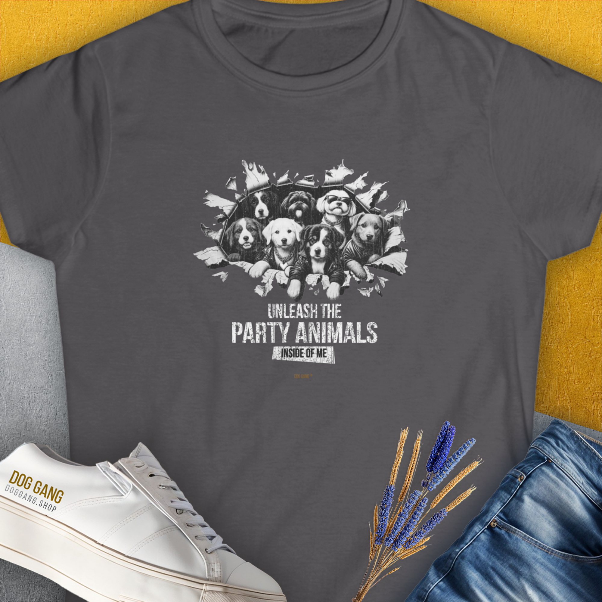 Unleash-Series (Party Animals), Volume 1, Women's T-Shirt-Charcoal. A dog-themed Design from Dog Gang
