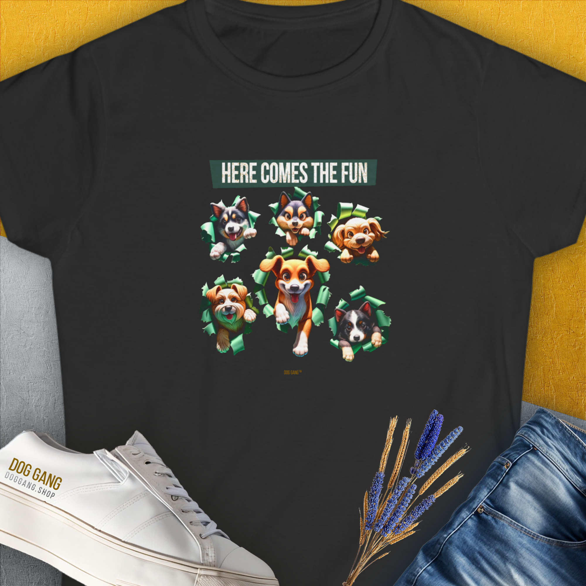 Unleash-Series (Here Comes The Fun), Volume 4, Women's T-Shirt-Black. A perfect gift for dog lovers and dog owners. Design by Dog Gang