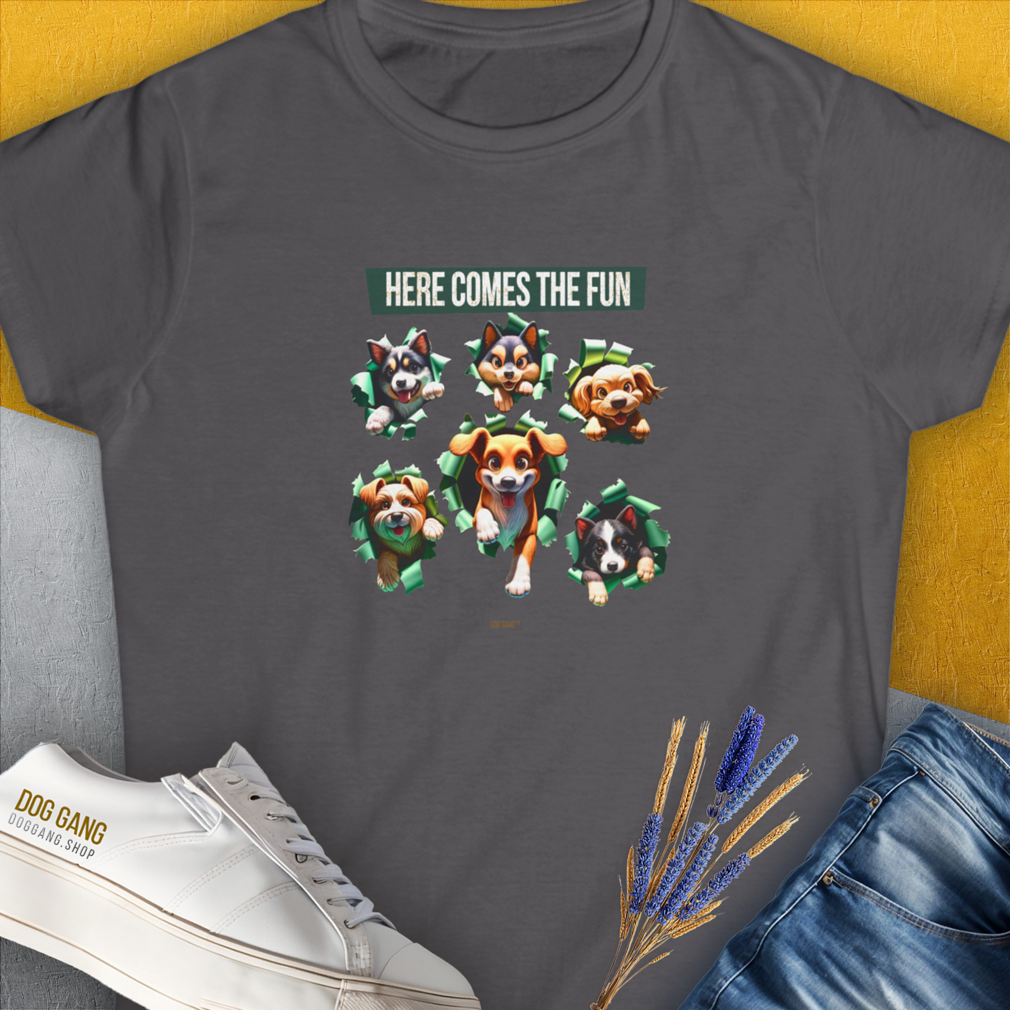 Unleash-Series (Here Comes The Fun), Volume 4, Women's T-Shirt-Charcoal. A dog-themed Design from Dog Gang