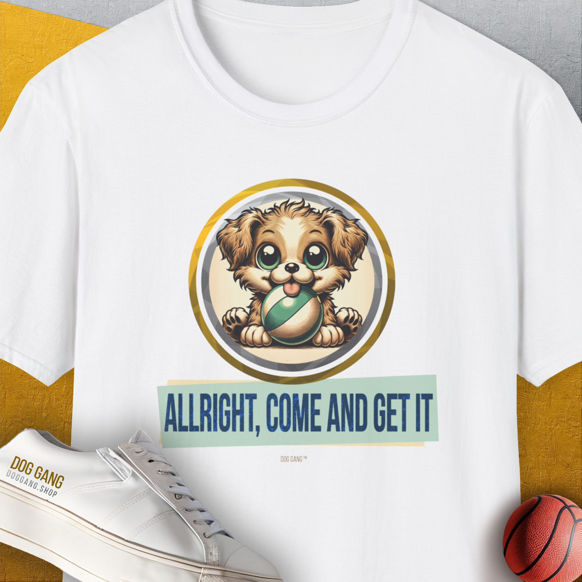 Allright Come And Get It, Volume 4, Unisex T-Shirt-White. A perfect gift for dog lovers and dog owners. Design by Dog Gang