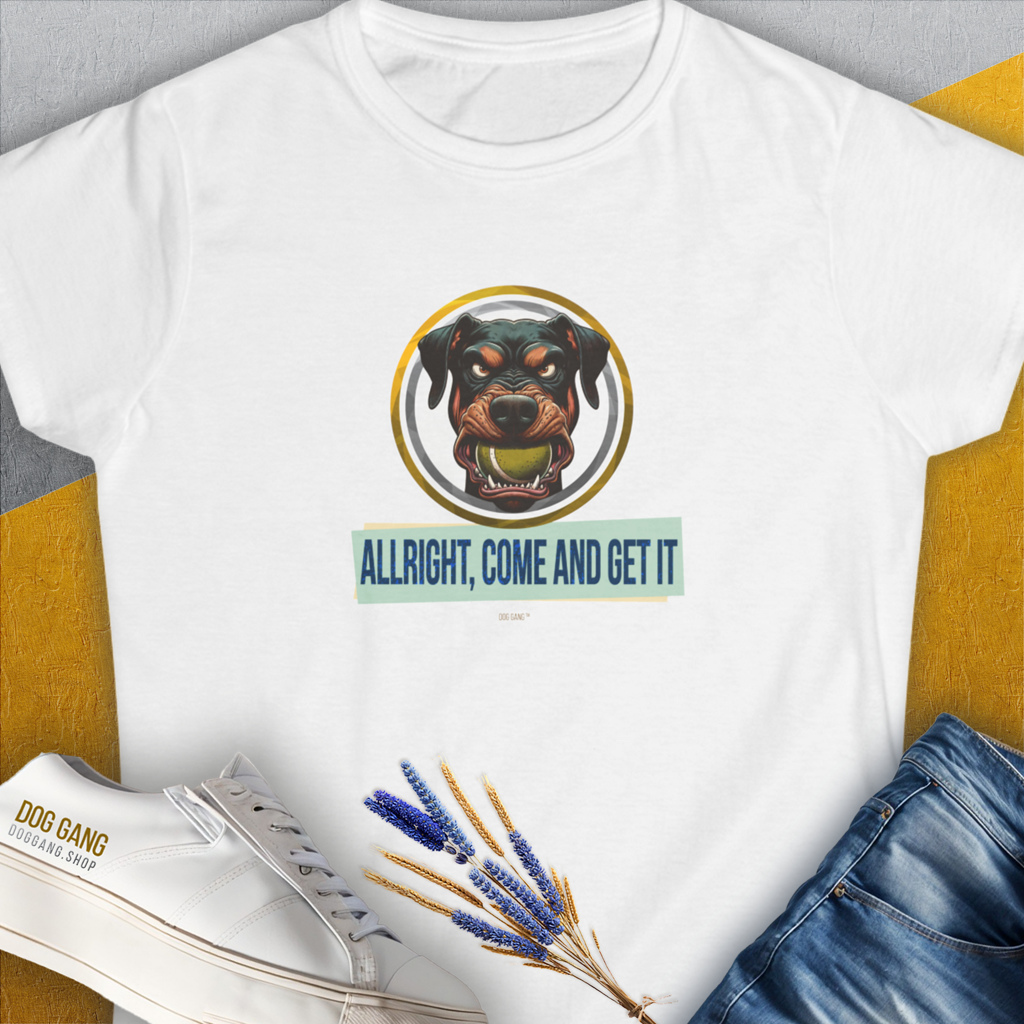 The Allright Come And Get It, Volume 2 shirt showcases a cute dog design with a playful graphic and saying perfect for any dog person. Designed by Dog Gang.