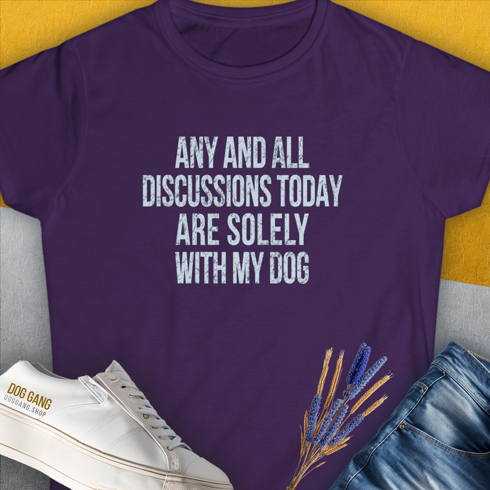 The shirt features a cute dog design with the saying, Any And All Discussions Today. Perfect for any dog lover. Designed by Dog Gang.