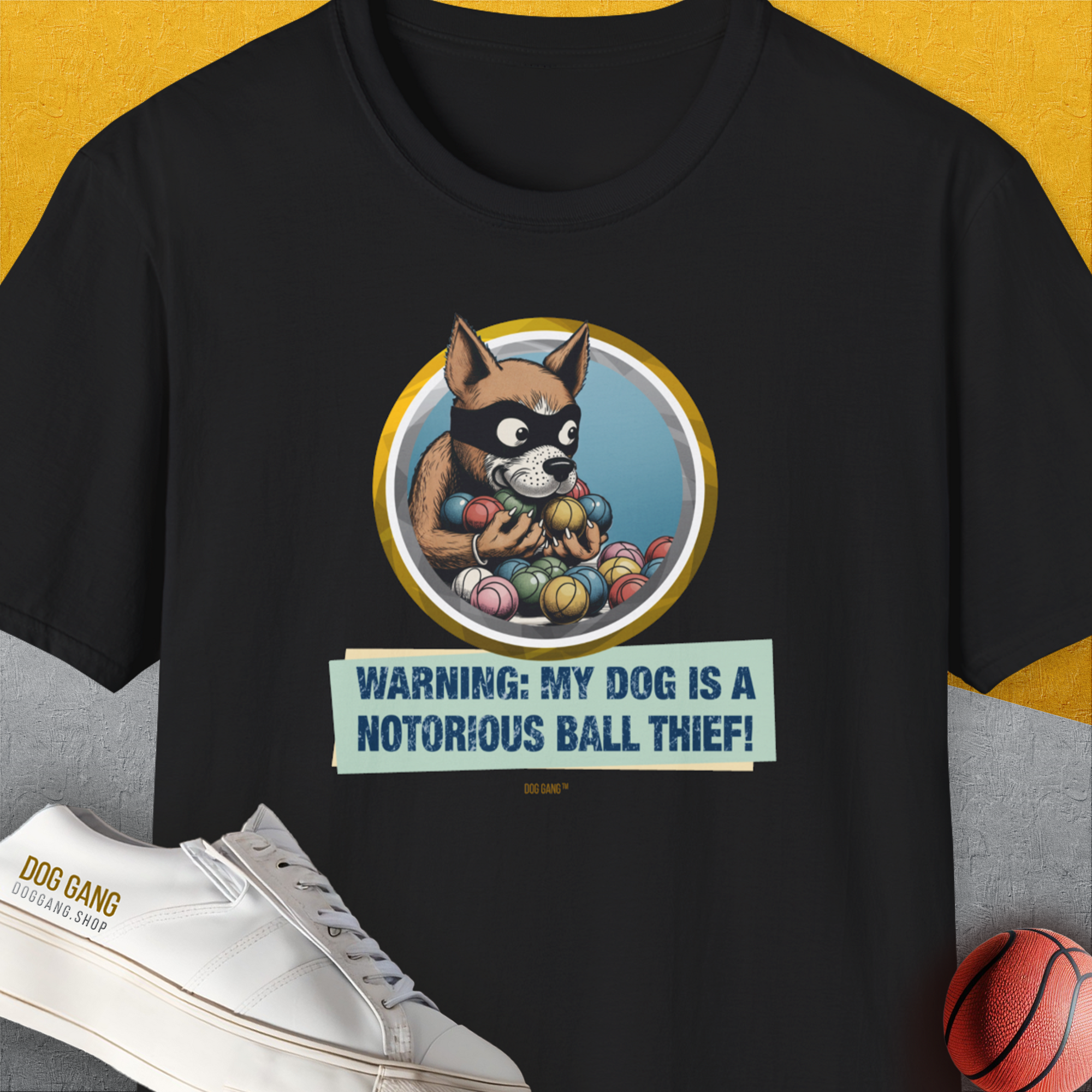 Warning: My Dog Is A Notorious Ball Thief, Volume 1, Unisex T-Shirt-Black, Design by Dog Gang