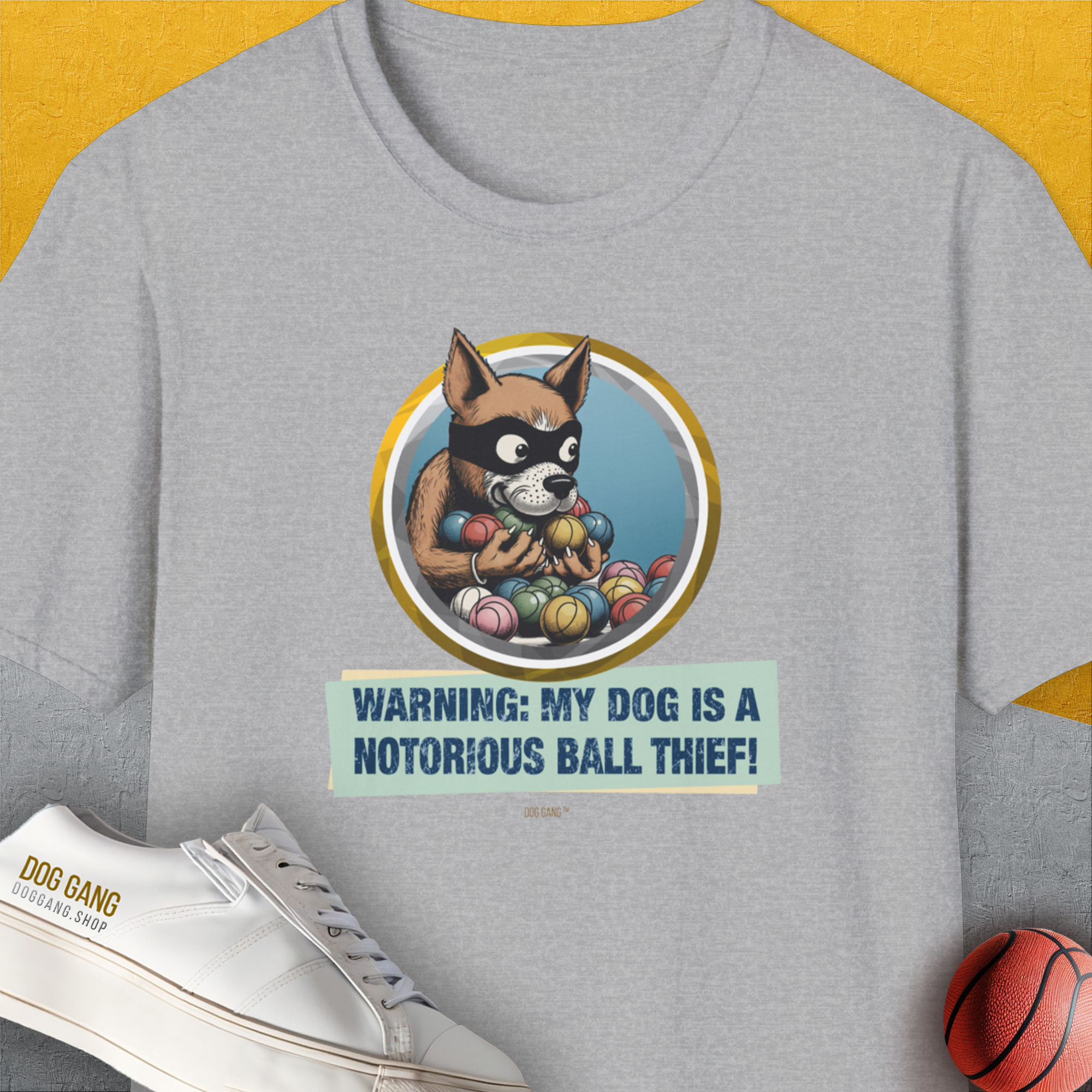 Warning: My Dog Is A Notorious Ball Thief, Volume 1, Unisex T-Shirt-Sport Grey, Design by Dog Gang