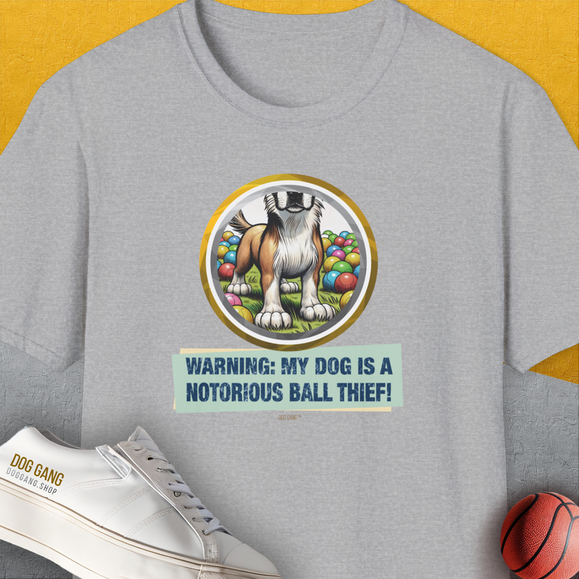 Warning: My Dog Is A Notorious Ball Thief, Volume 2, Unisex T-Shirt-Sport Grey, Design by Dog Gang