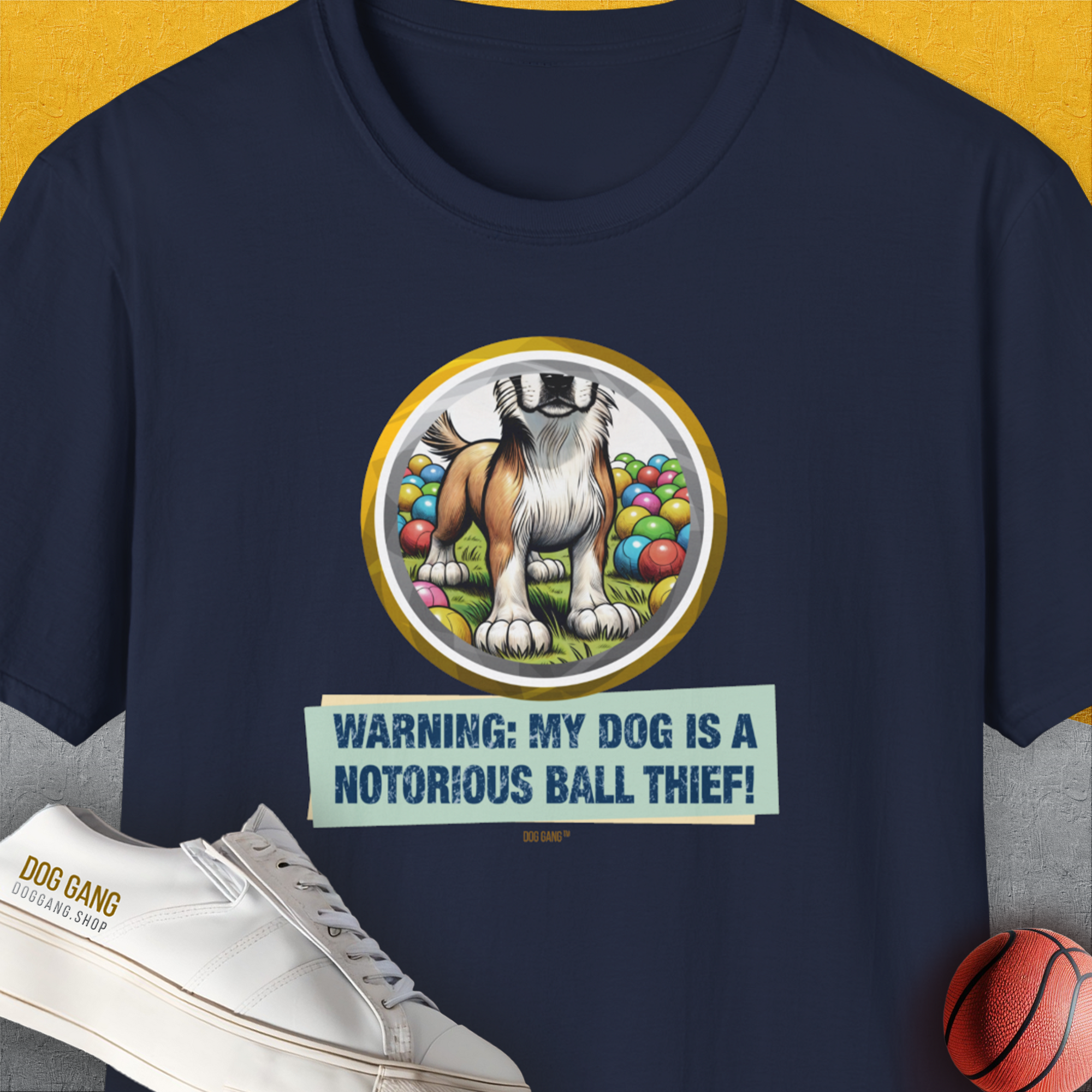 Warning: My Dog Is A Notorious Ball Thief, Volume 2, Unisex T-Shirt-Navy, Design by Dog Gang