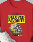 This funny dog shirt features a playful torn tennis ball design with the saying My Dogs Beloved Favorite for dog lovers. Designed by Dog Gang.