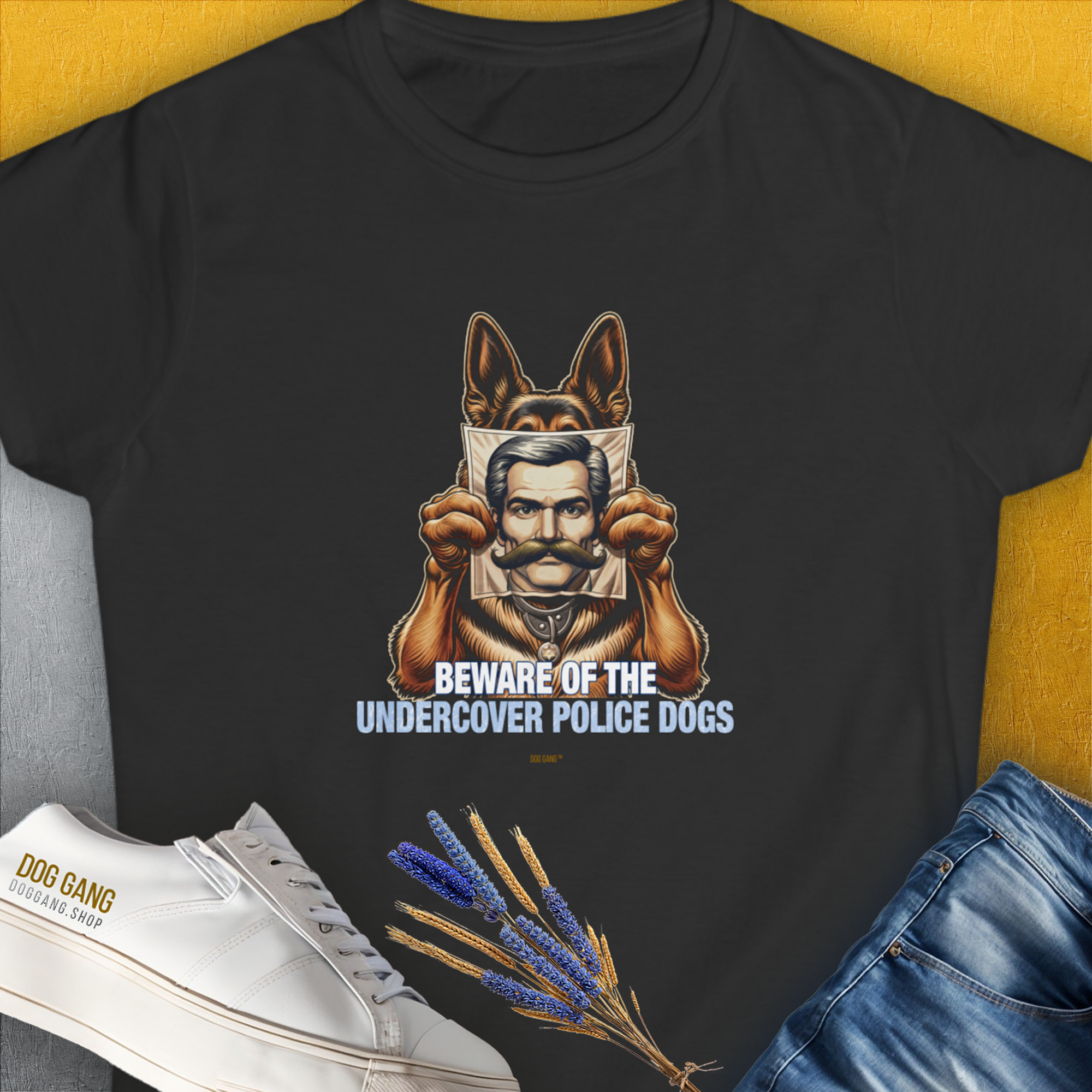 Beware Of The Undercover Police Dogs, Volume 1 Tee with a dog and mans picture. A funny shirt for any dog lover. Designed by Dog Gang.