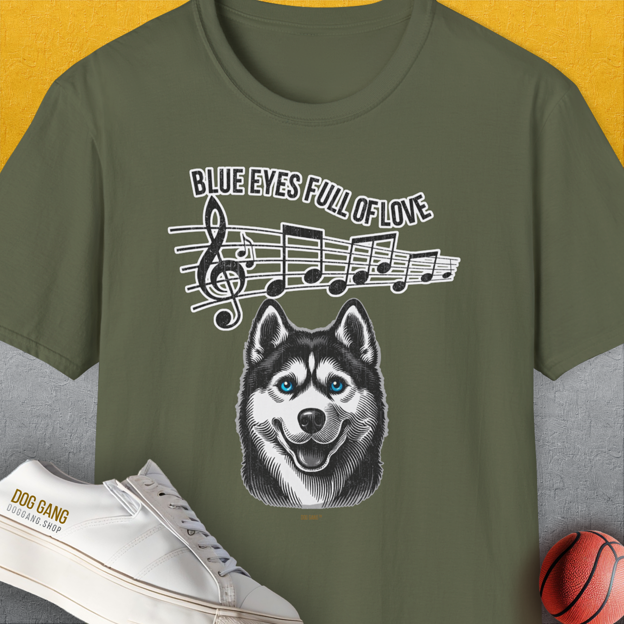 Blue Eyes Full Of Love, Volume 1 (Husky), Unisex T-Shirt-Military Green, Design by Dog Gang