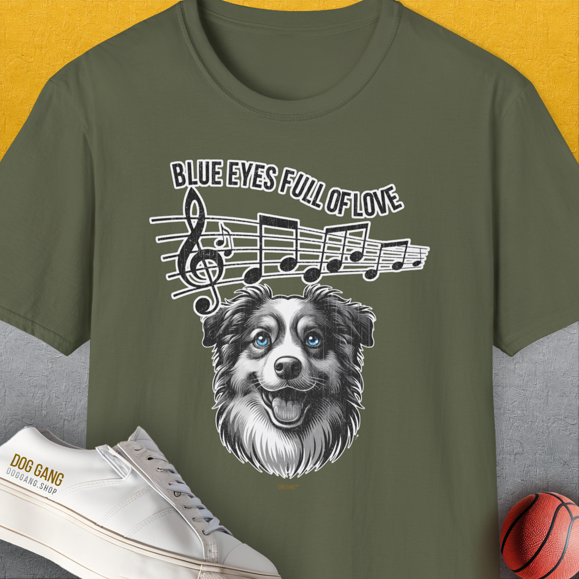 Blue Eyes Full Of Love, Volume 2 (Australian Shepherd), Unisex T-Shirt-Military Green. A perfect gift for dog lovers and dog owners. Design by Dog Gang
