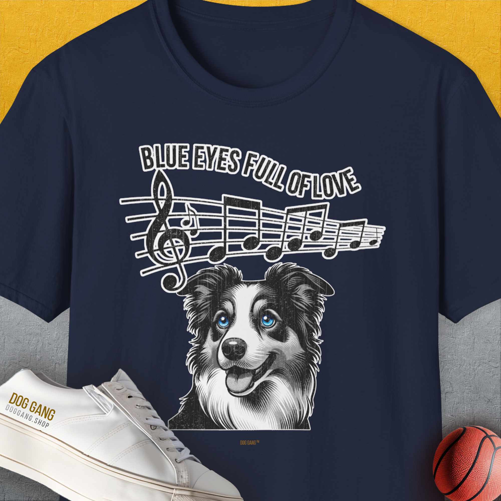 Navy tee with Blue Eyes Full Of Love, Volume 3 (Border Collie) blends cute dog design with musical notes and a sneaker. Perfect dog lover gift. Designed by Dog Gang.