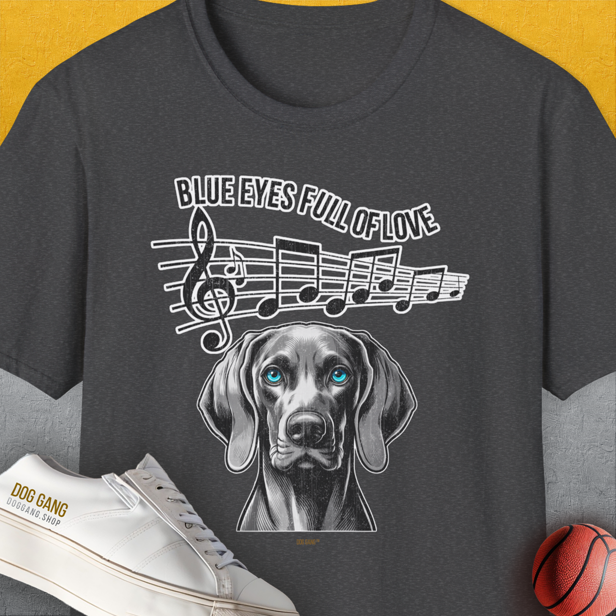 Blue Eyes Full Of Love, Volume 4 (Weimaraner), Unisex T-Shirt-Dark Heather, Design by Dog Gang
